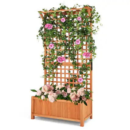 Front. Costway - Raised Garden Bed Planter Box Climbing Plants Container with Trellis &Hanging Roof - Natural.