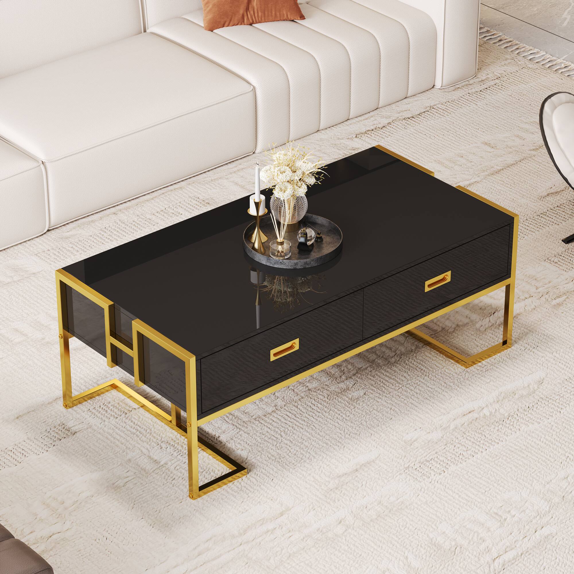 Back. GOODSILO - Modern Rectangular Coffee Table with Drawers and Metallic Base - Black+Gold.