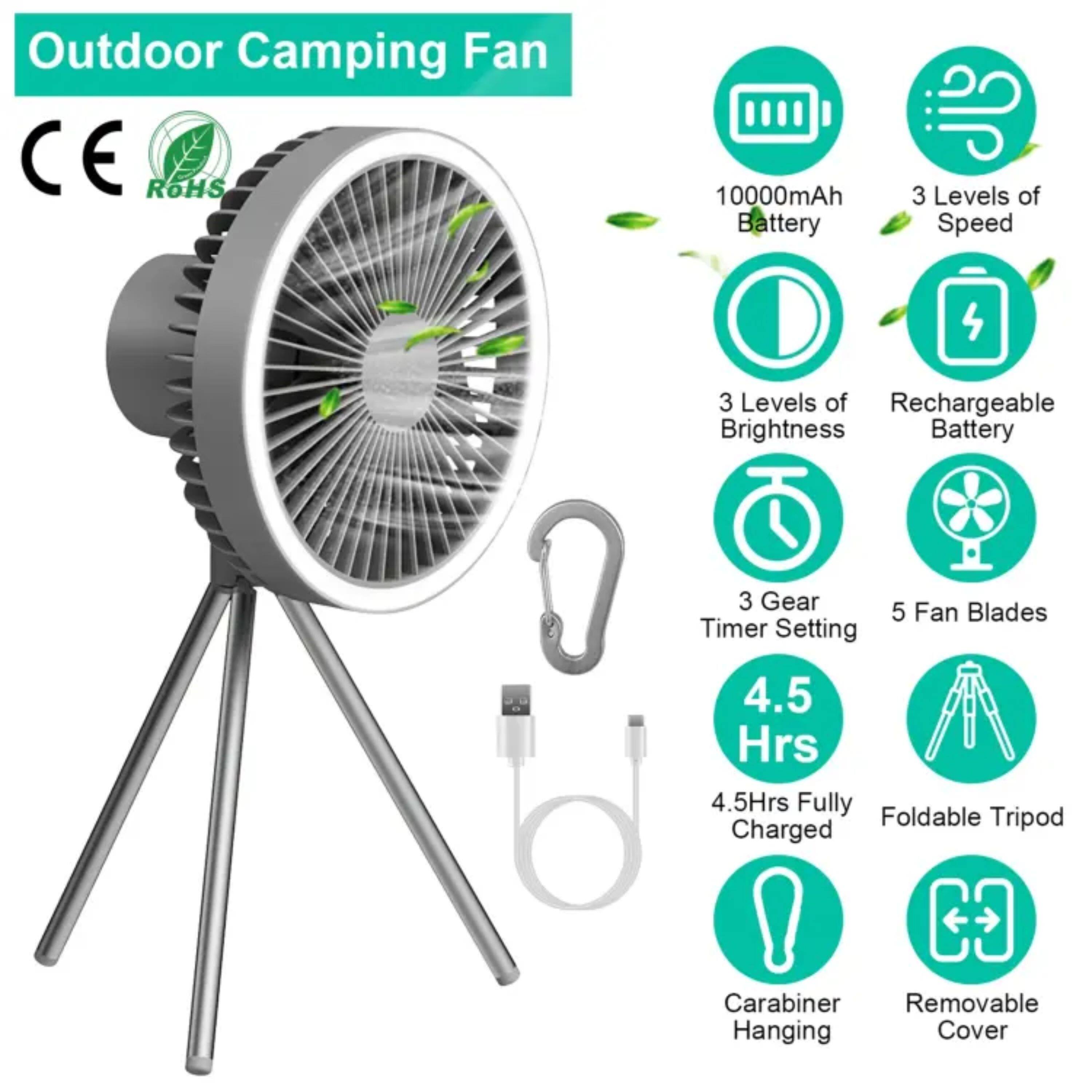 Outdoor Camping Fan  
CE ROHS  
10000mAh Battery  
3 Levels of Speed  
3 Levels of Rechargeable Brightness  
3 Gear Timer Setting  
5 Fan Blades  
4.5 Hrs  
4.5 Hrs Fully Charged  
Foldable Tripod  
Carabiner Hanging  
Removable Cover