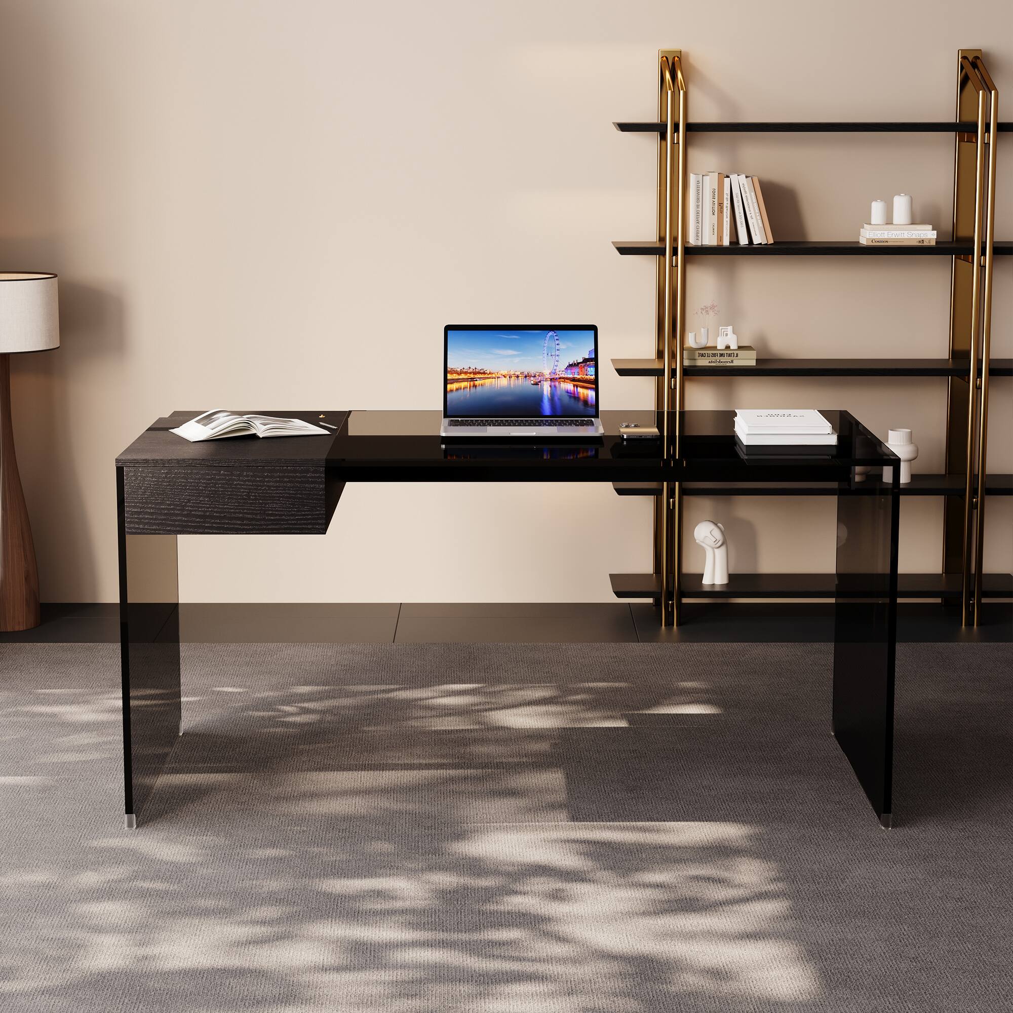 Left. luck idea - 53.14" Tempered Glass Desk With Storage Space - Black Glass.