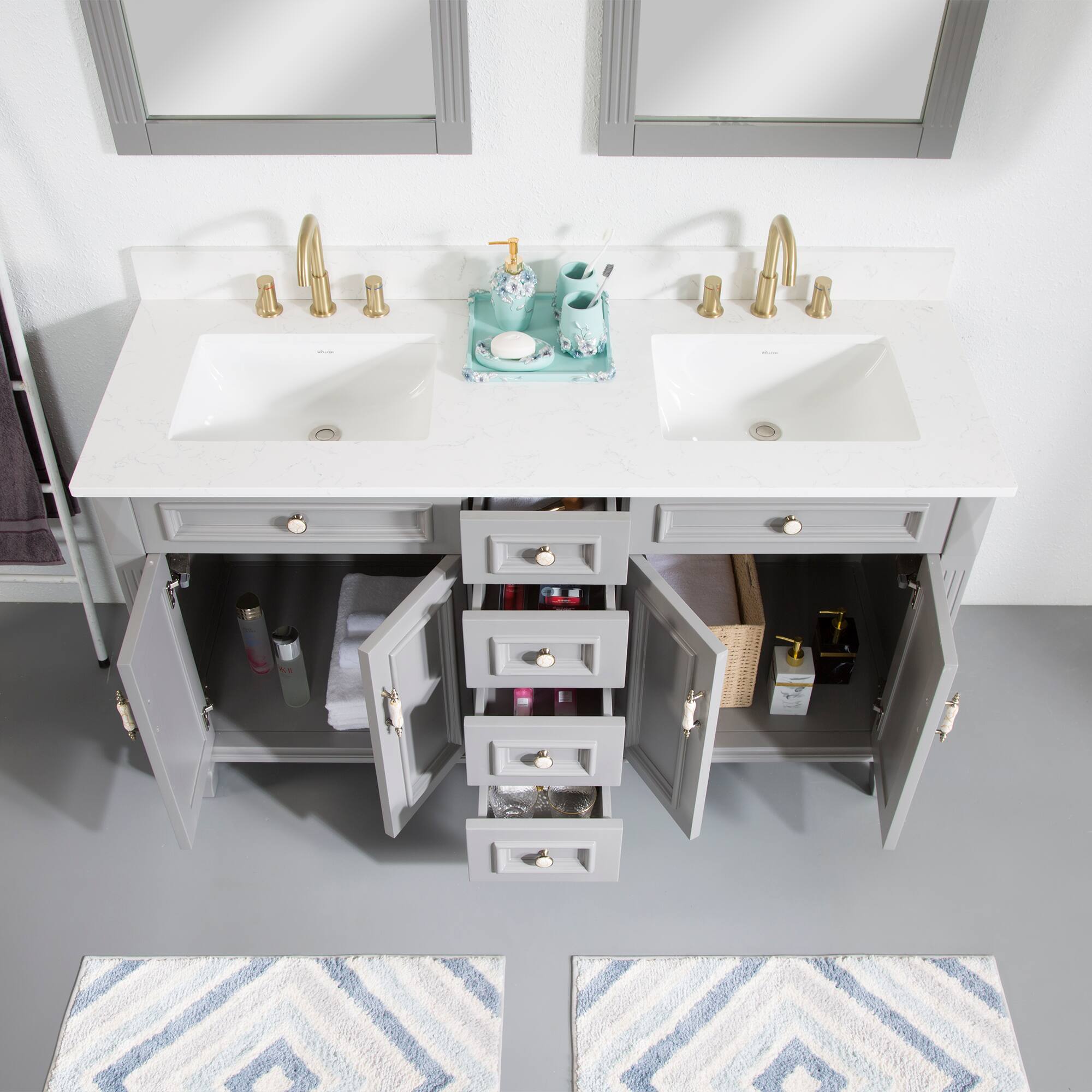 Left. WELLFOR - ARTWOOD 60 in. Solid Wood Bath Vanity with Quartz Top, Double Sink, Soft Close, Assembled - Gray.