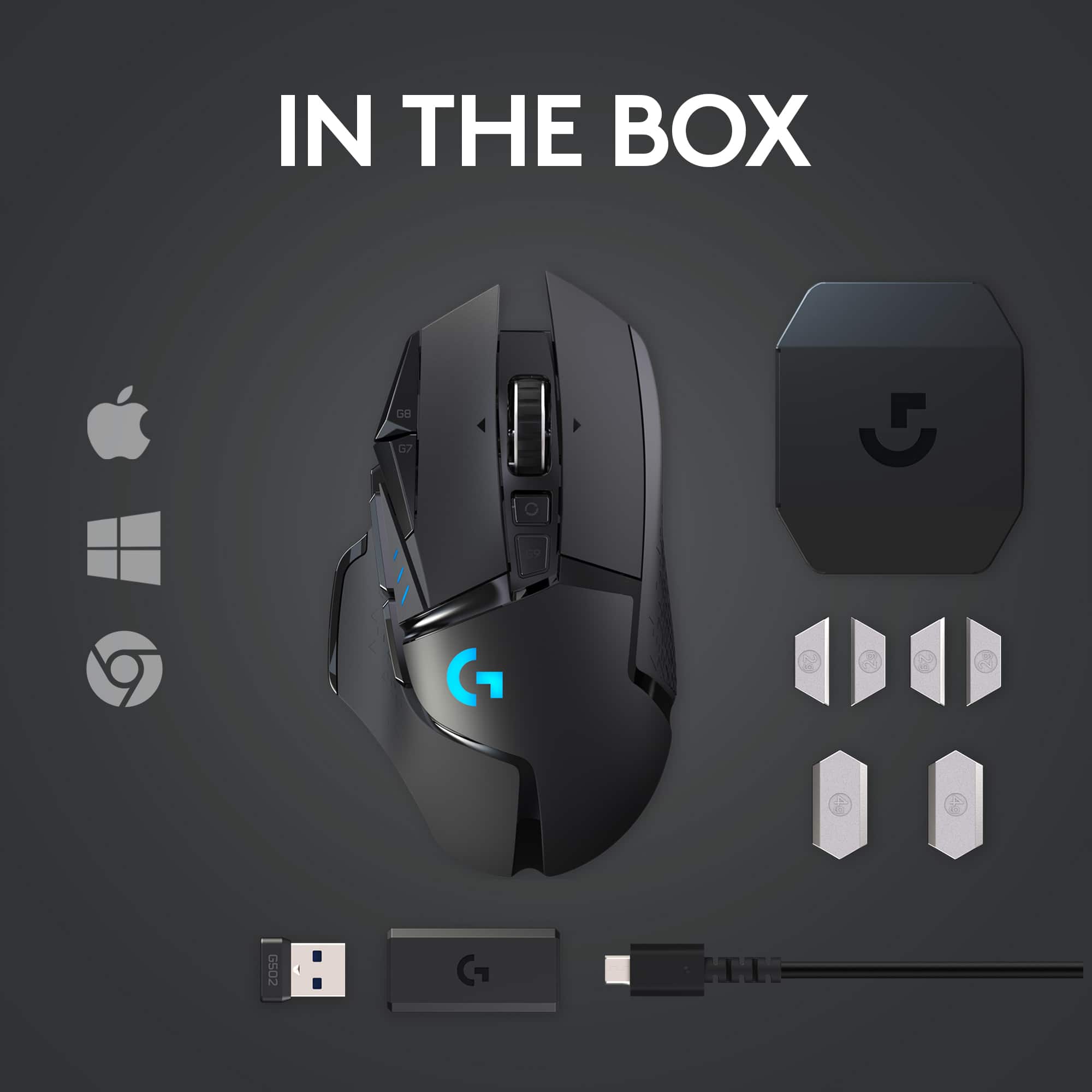 In the box, there is a G7 - G502 G gaming mouse and a black box.