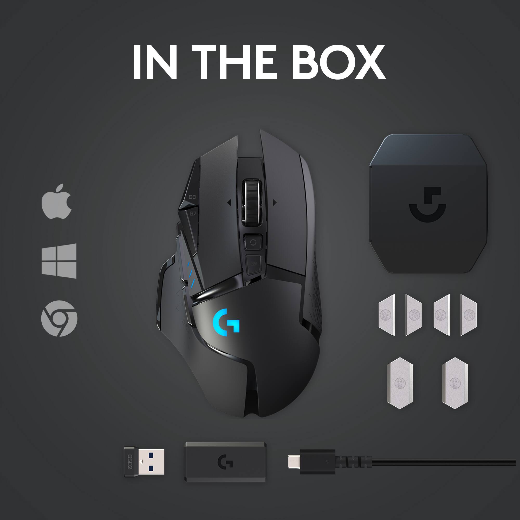 In the box, there is a G7 - G502 G gaming mouse and a black box.