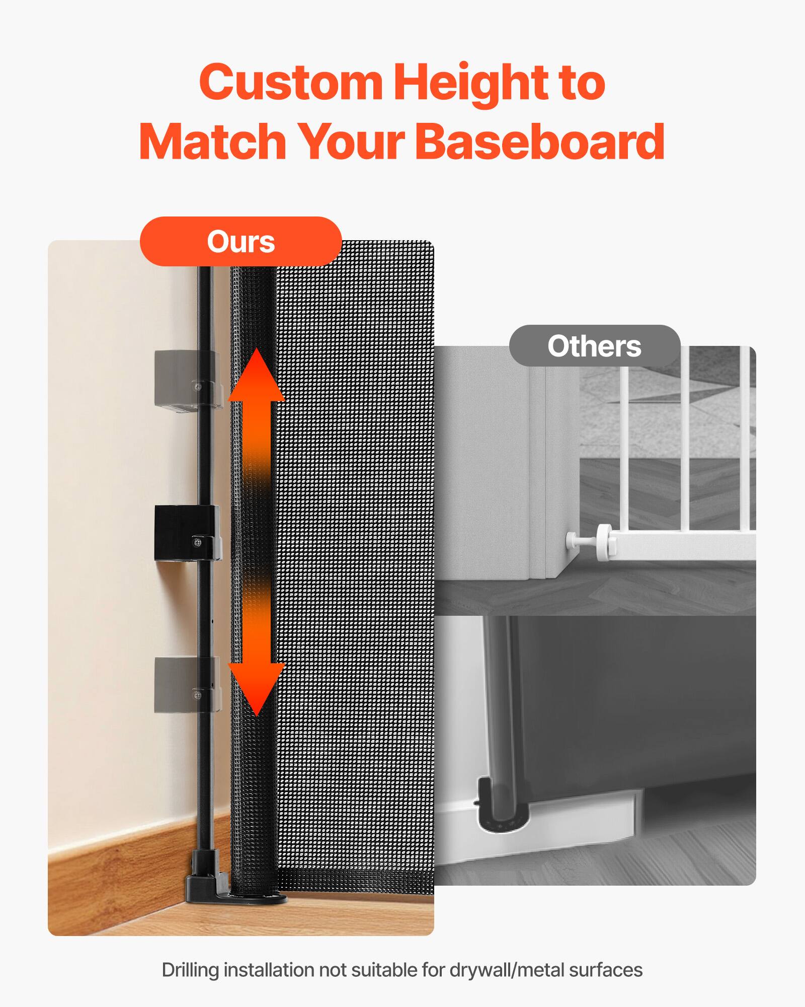 Custom Height to Match Your Baseboard

Ours

Others

Drilling installation not suitable for drywall/metal surfaces
