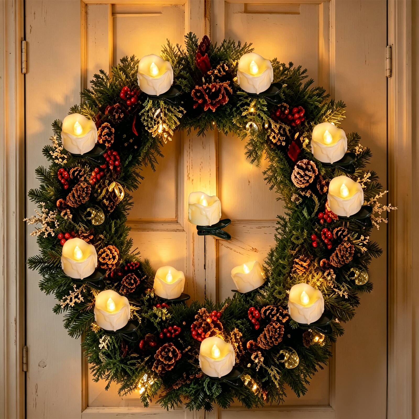Alt View 1. IMAGE - 12 Pack Flickering Tealight Candles Timer Flameless Candles with Clips for Christmas Tree Decoration - Warm White.