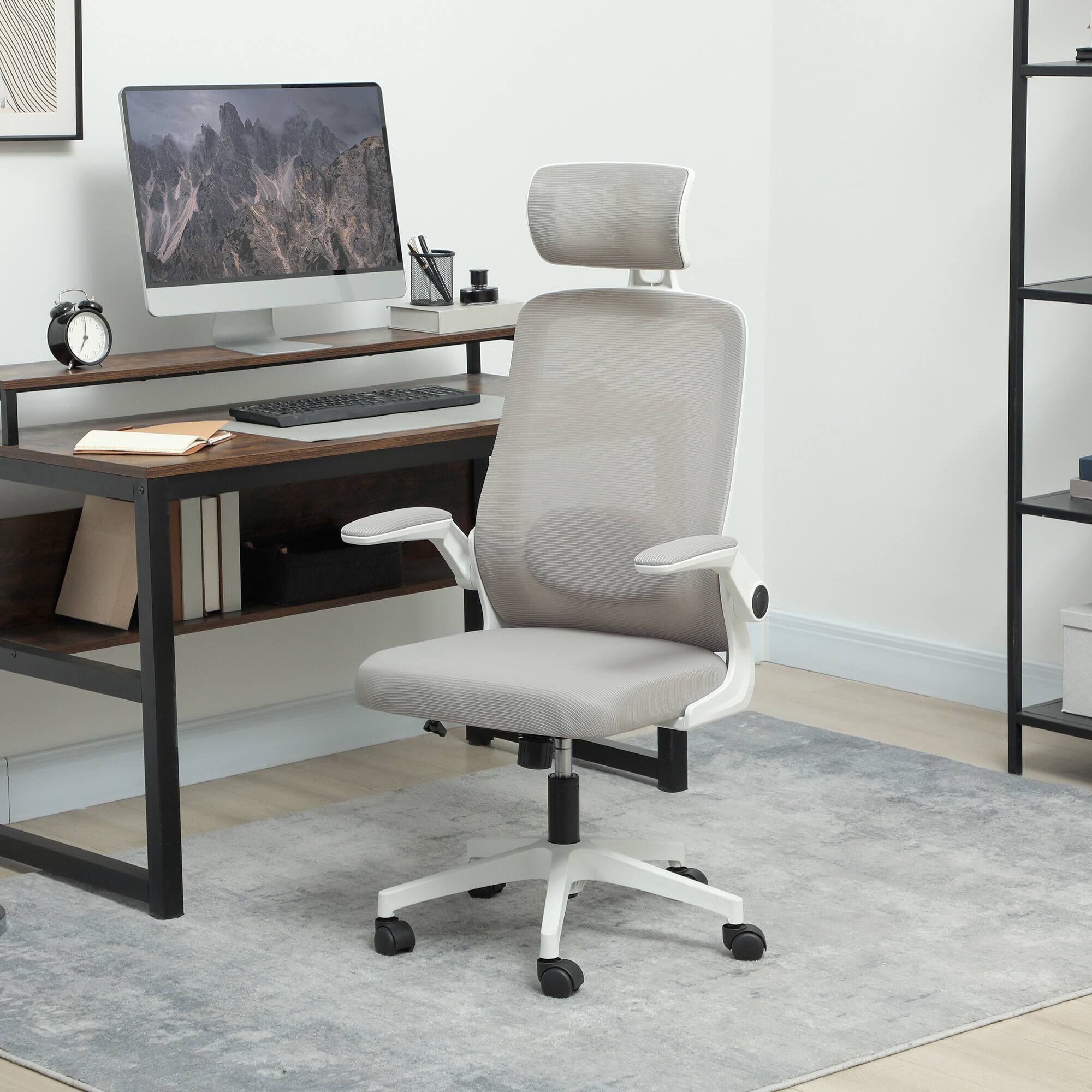 Alt View 1. Homcom - Office Chair, High Back Desk Chair with Flip-up Armrest, Rotatable Headrest, Tilt Function,  Swivel Wheels - Gray.