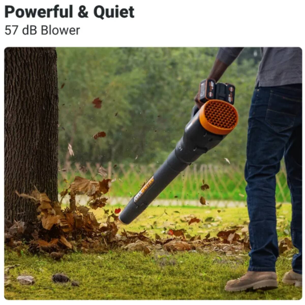 The image shows a man using a powerful and quiet leaf blower to clear leaves from a tree. The man is standing near the tree and holding the blower, which is designed to efficiently remove leaves and debris from the area. The leaf blower is equipped with a 57 dB noise reduction system, making it a quiet and effective tool for the task.