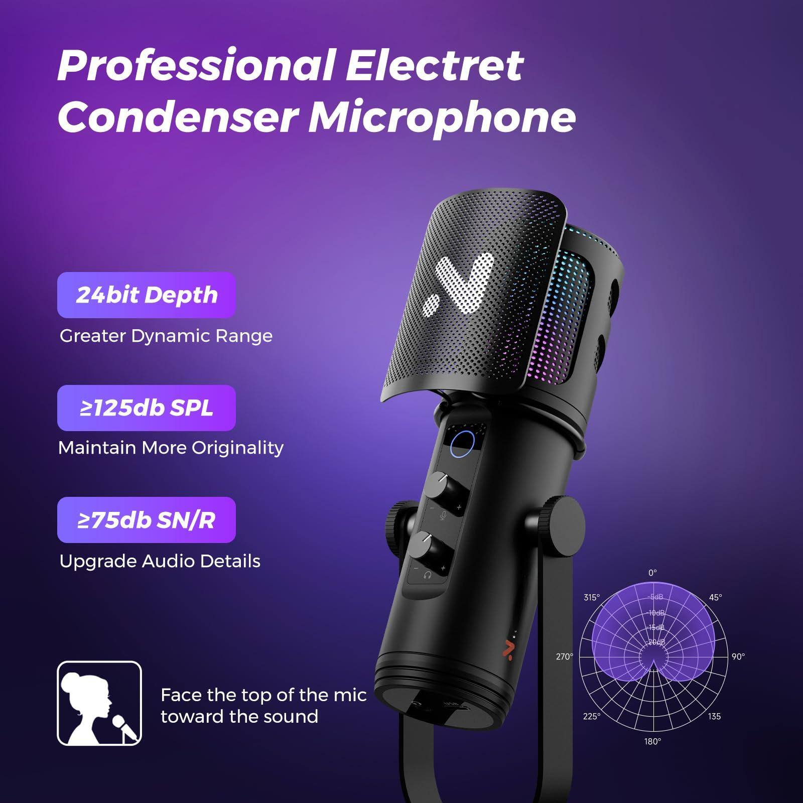 Professional Electret Condenser Microphone

- 24bit Depth
  - Greater Dynamic Range

- ≥125dB SPL
  - Maintain More Originality

- ≥75dB SN/R
  - Upgrade Audio Details

Face the top of the mic toward the sound

0° 45° 90° 135° 180° 225° 270° 315°