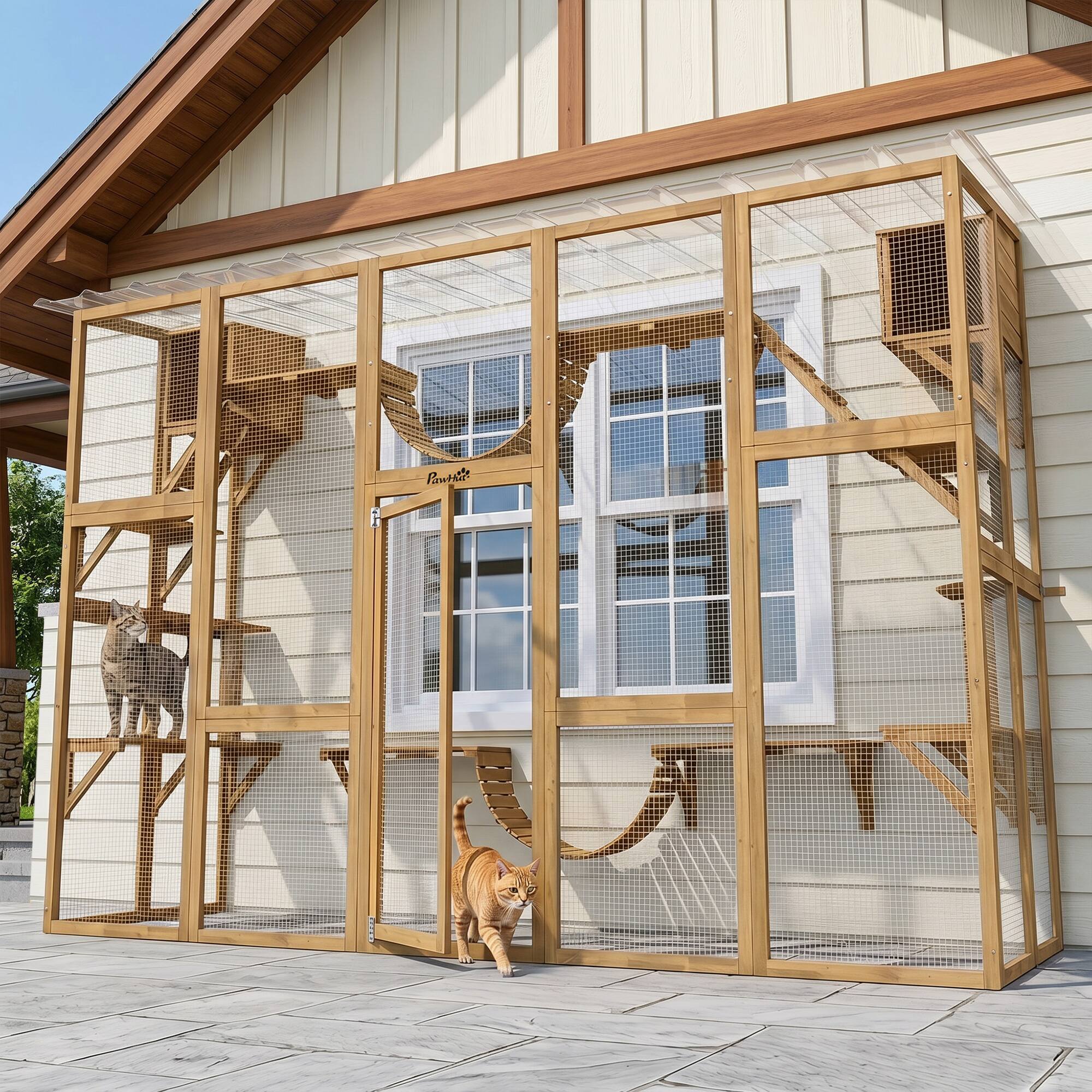 Alt View 7. Pawhut - Playground Cat Window Box Outside Enclosure for Multiple Cats w/ Shelves & Bridges - Yellow.