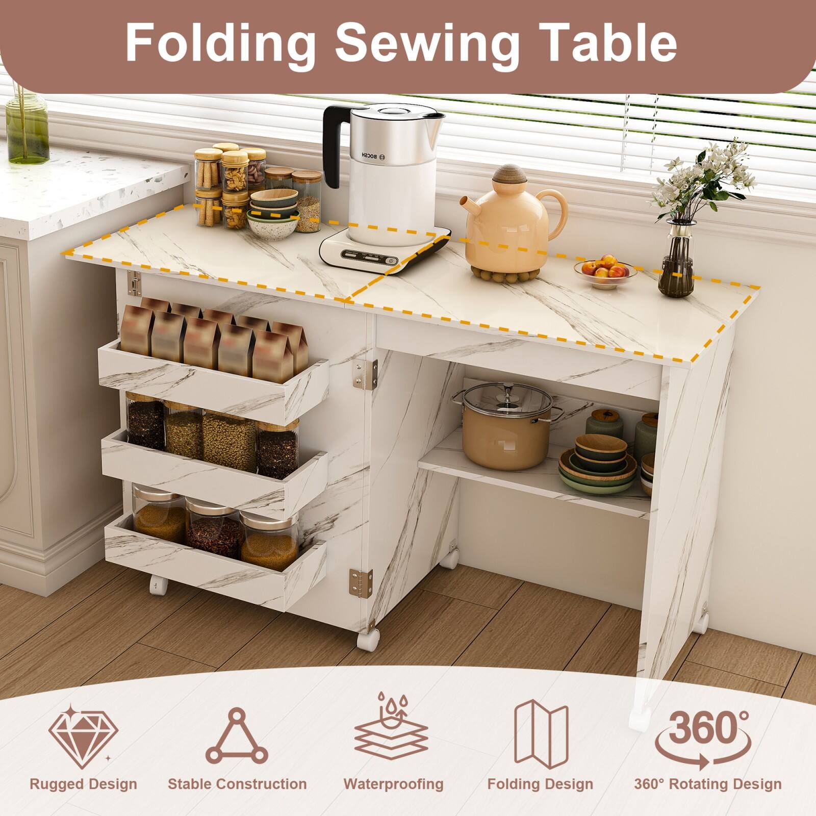 Folding Sewing Table

- Rugged Design
- Stable Construction
- Waterproofing
- Folding Design
- 360° Rotating Design