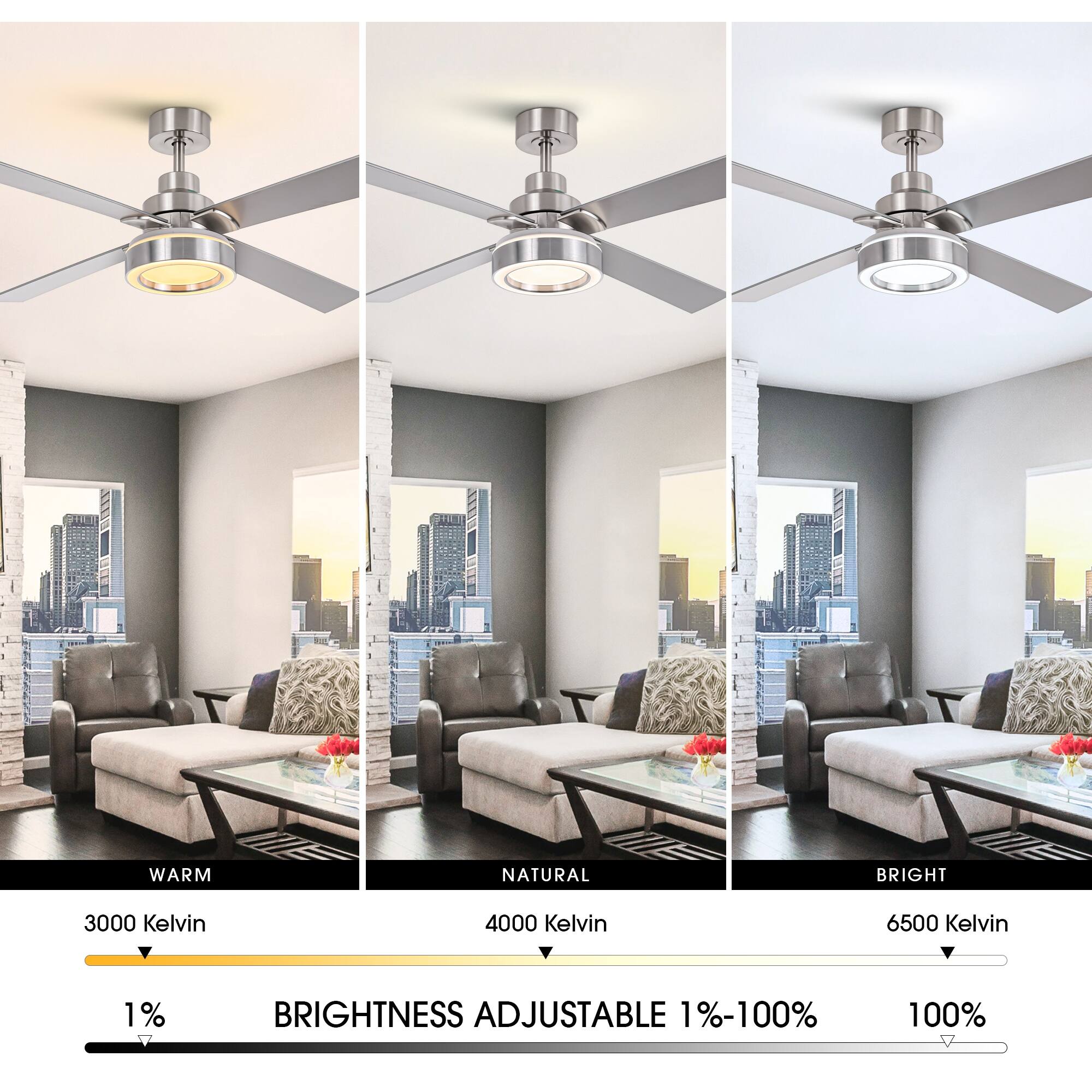 WARM  
3000 Kelvin  
1%  

NATURAL  
4000 Kelvin  

BRIGHT  
6500 Kelvin  

BRIGHTNESS ADJUSTABLE 1%-100%  
100%