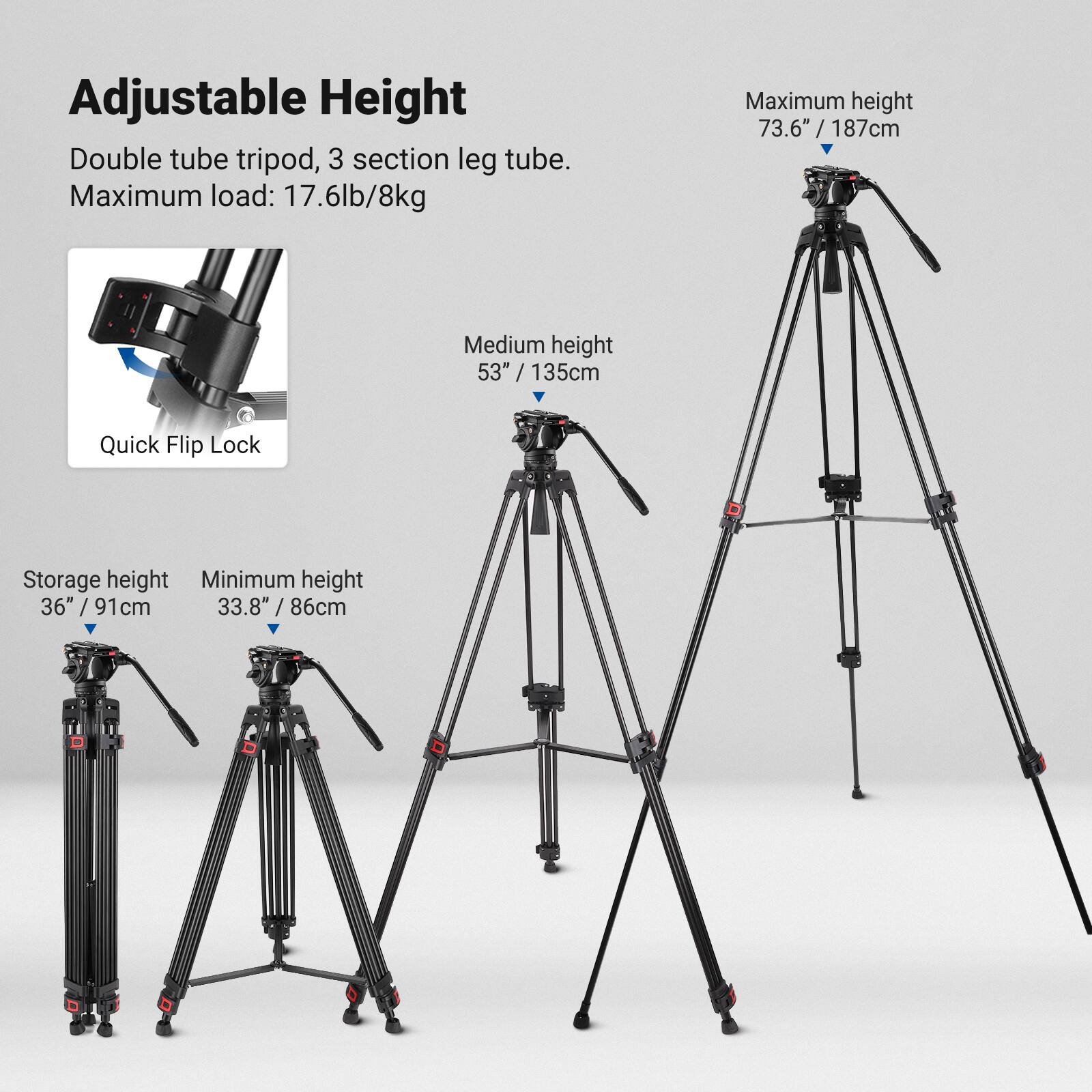 Adjustable Height Double tube tripod, 3 section leg tube.  
Maximum load: 17.6lb/8kg  
Maximum height: 73.6" / 187cm  
Medium height: 53" / 135cm  
Storage height: 36" / 91cm  
Minimum height: 33.8" / 86cm  

Quick Flip Lock