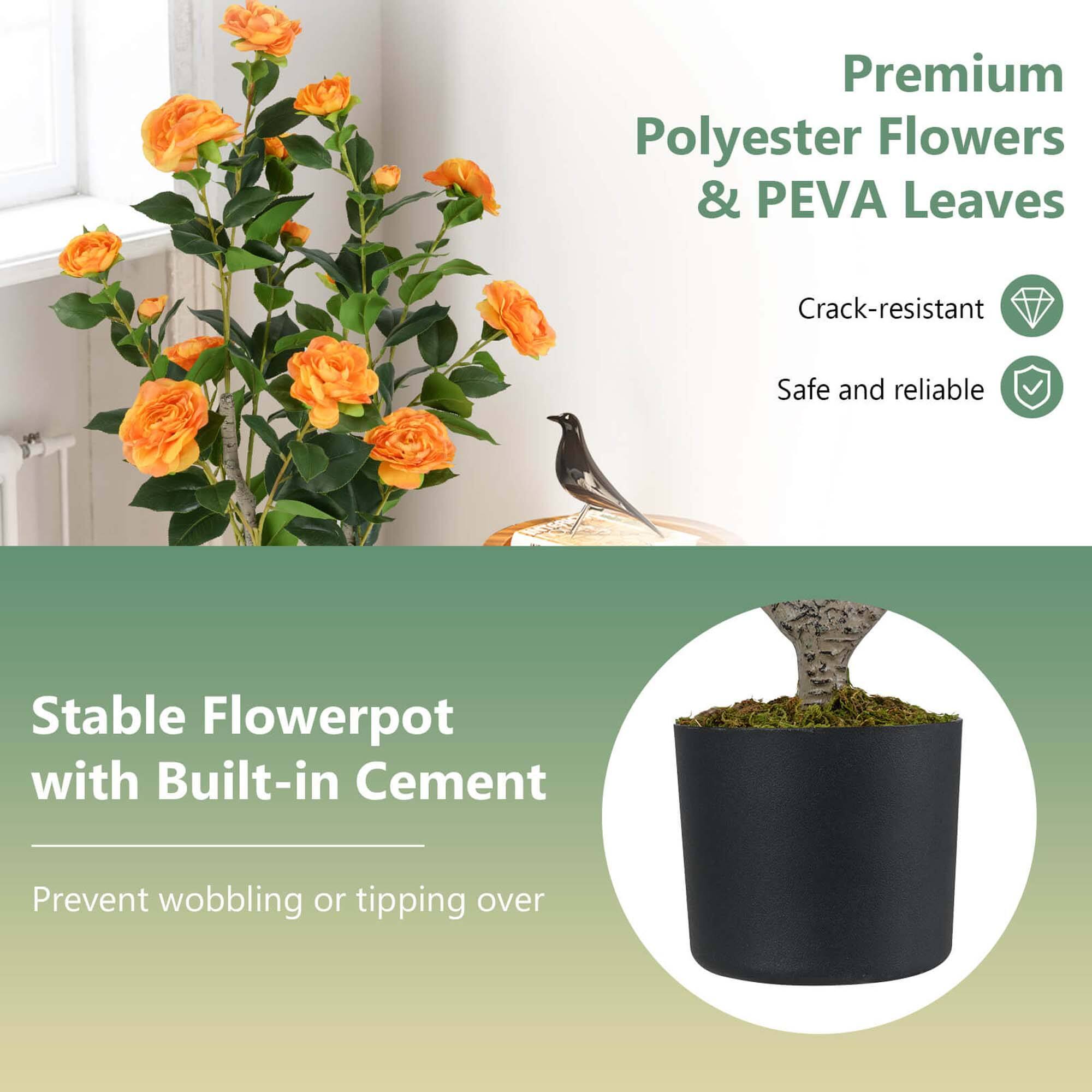 Premium Polyester Flowers & PEVA Leaves

Crack-resistant
Safe and reliable

Stable Flowerpot with Built-in Cement

Prevent wobbling or tipping over