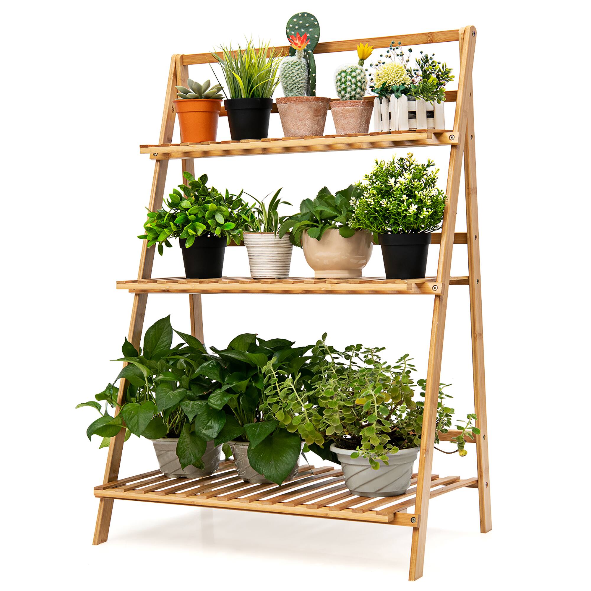 Costway - Bamboo Ladder Plant Stand 3-Tier Foldable Flower Pot Display Shelf Rack - Natural