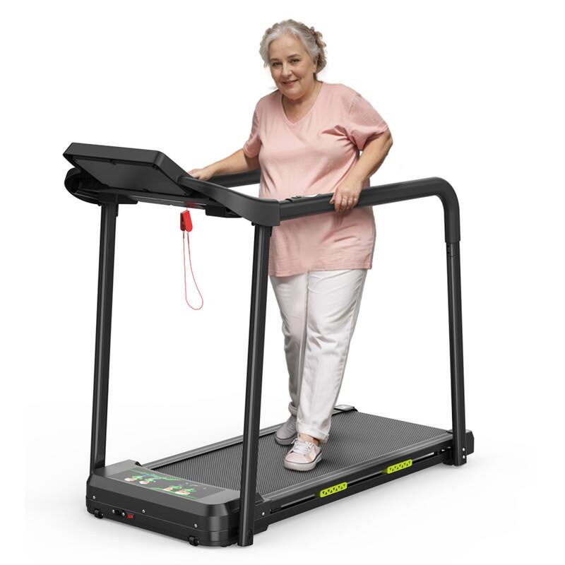 Front. HTUTWOO - Walking Pad Treadmill for Senior - Foldable Exercise Treadmill, Stable Safe Design, LED Display, Long Handrail, 300 Lbs - Black.