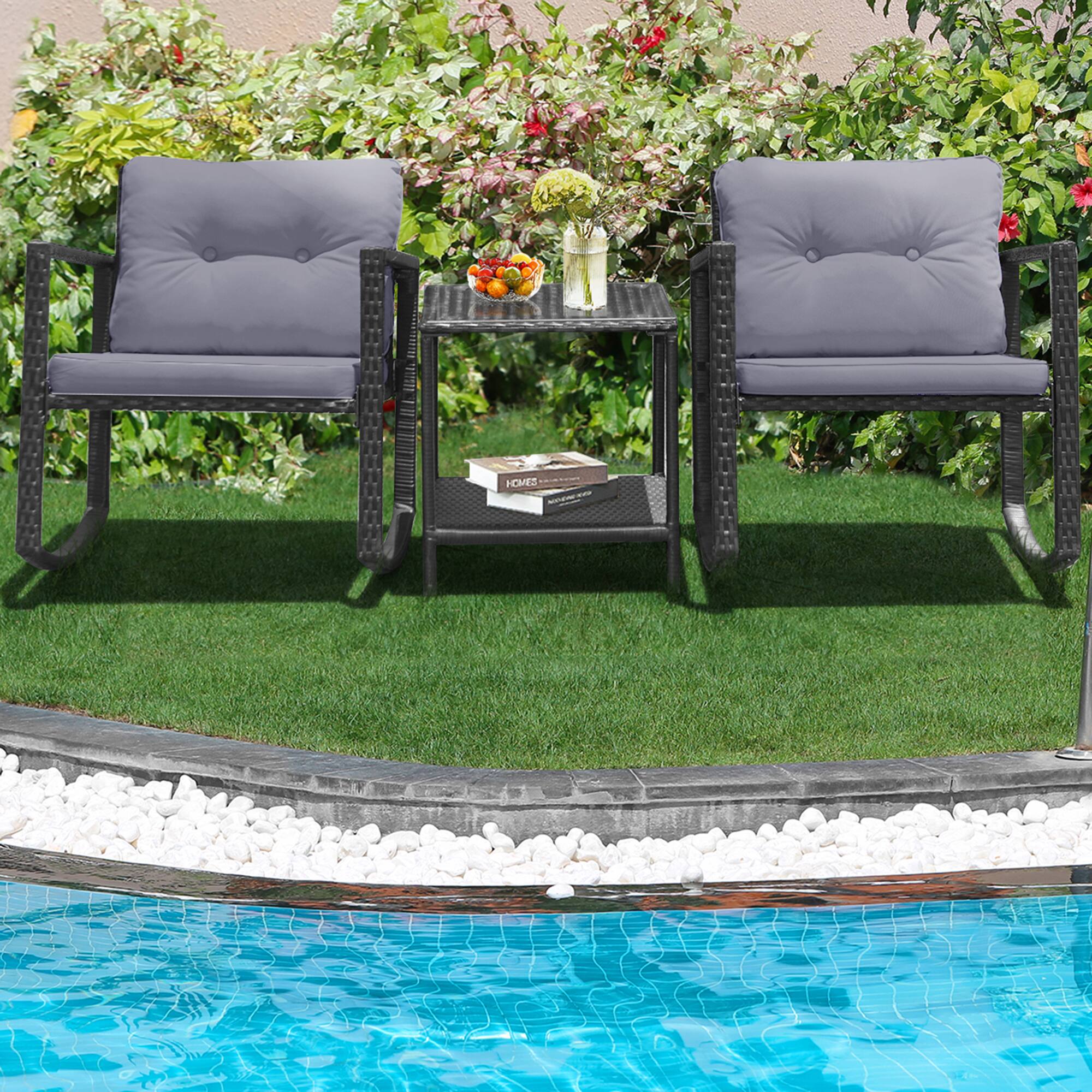 Alt View 7. Gymax - Gymax 3PCS Rattan Rocking Chair Table Set Patio Furniture Set w/ Grey Cushions - Grey.