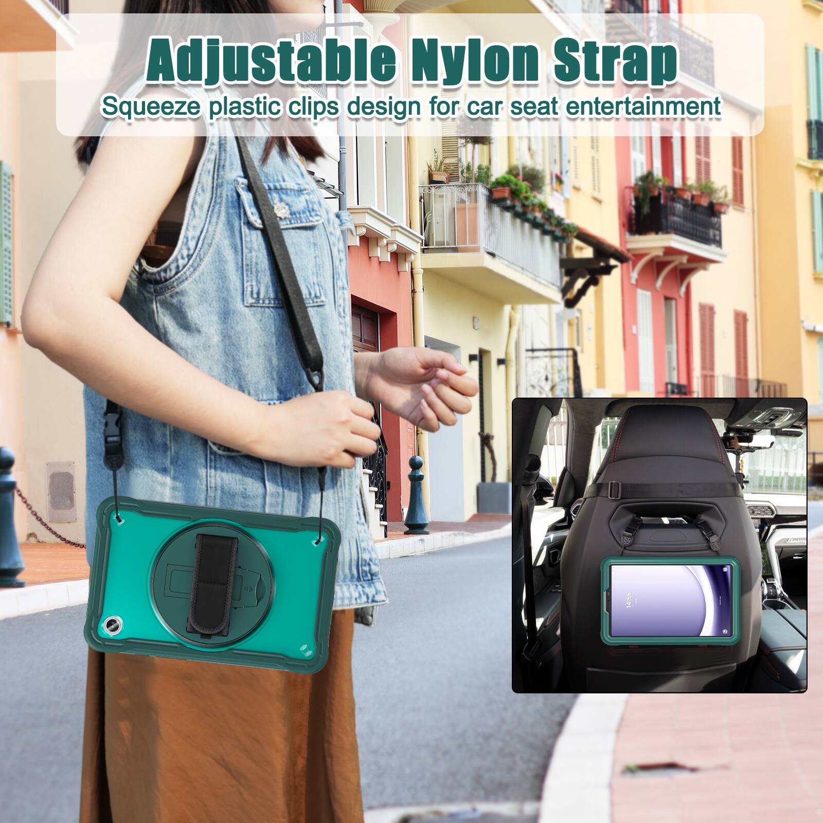 Adjustable Nylon Strap  
Squeeze plastic clips design for car seat entertainment