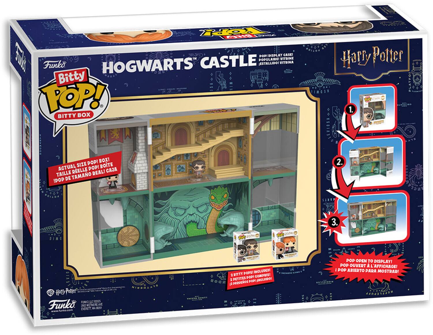 The text on the image can be grouped and corrected as follows:

**Product Description:**
- "Funko Bitty Pop! Hogwarts Castle Display Case"
- "Actual Size Box (Tamaño Real)"
- "Harry Potter"
- "2 Bitty Pops Included! (2 Pequeños Pops Incluidos!)"

**Instructions:**
1. "POP de tamaño real"
2. "2 Harry Potter Funko"
3. "POP abierto para mostrar"

**Additional Information:**
- "Funko LLC, Everett, WA"
- "2024"

This text describes a Funko Bitty Pop! display case themed around Hogwarts Castle from Harry Potter, which includes two small Bitty Pops and provides instructions for use.