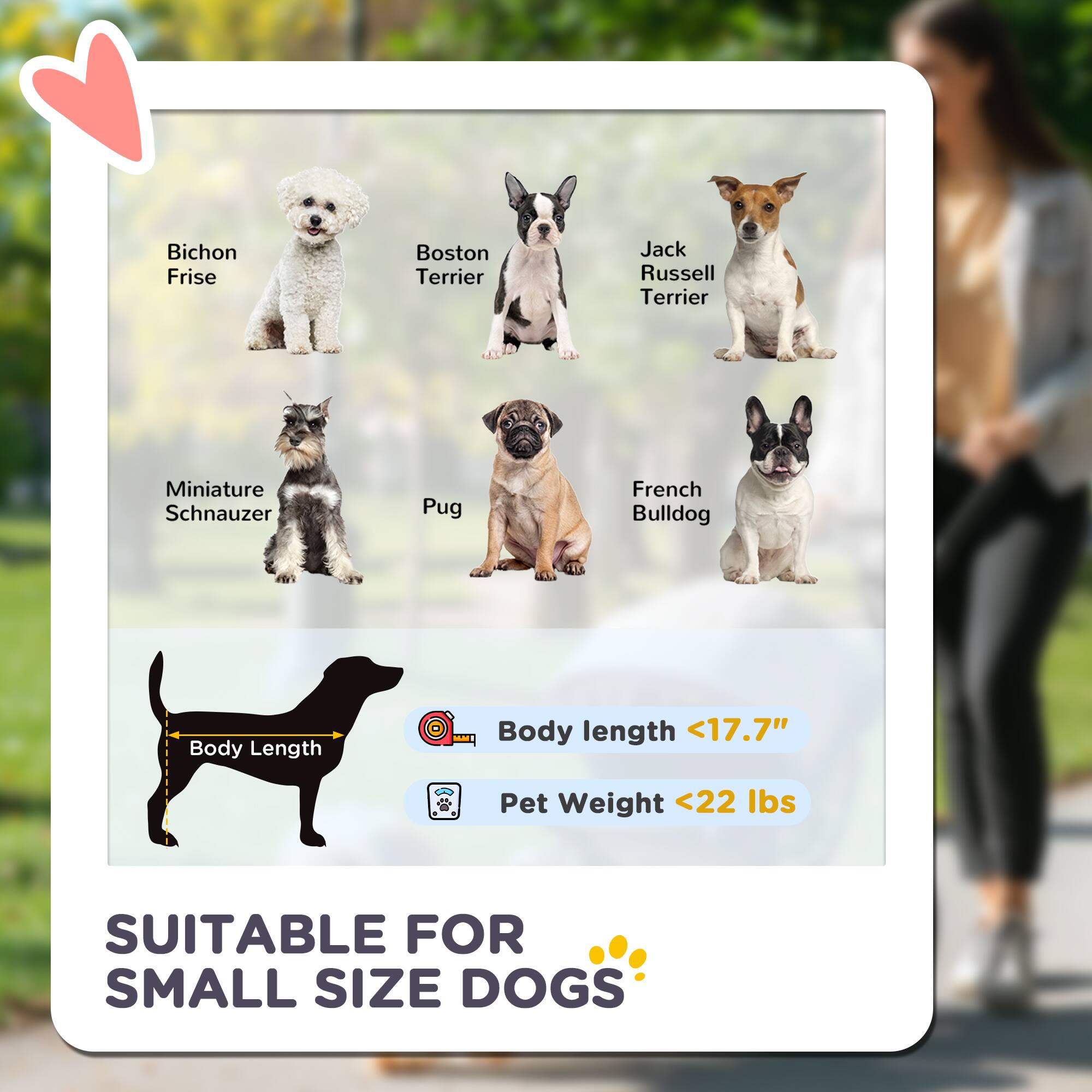 Bichon Frise  
Boston Terrier  
Jack Russell Terrier  
Miniature Schnauzer  
Pug  
French Bulldog  

Body Length <17.7"  
Pet Weight <22 lbs  

SUITABLE FOR SMALL SIZE DOGS