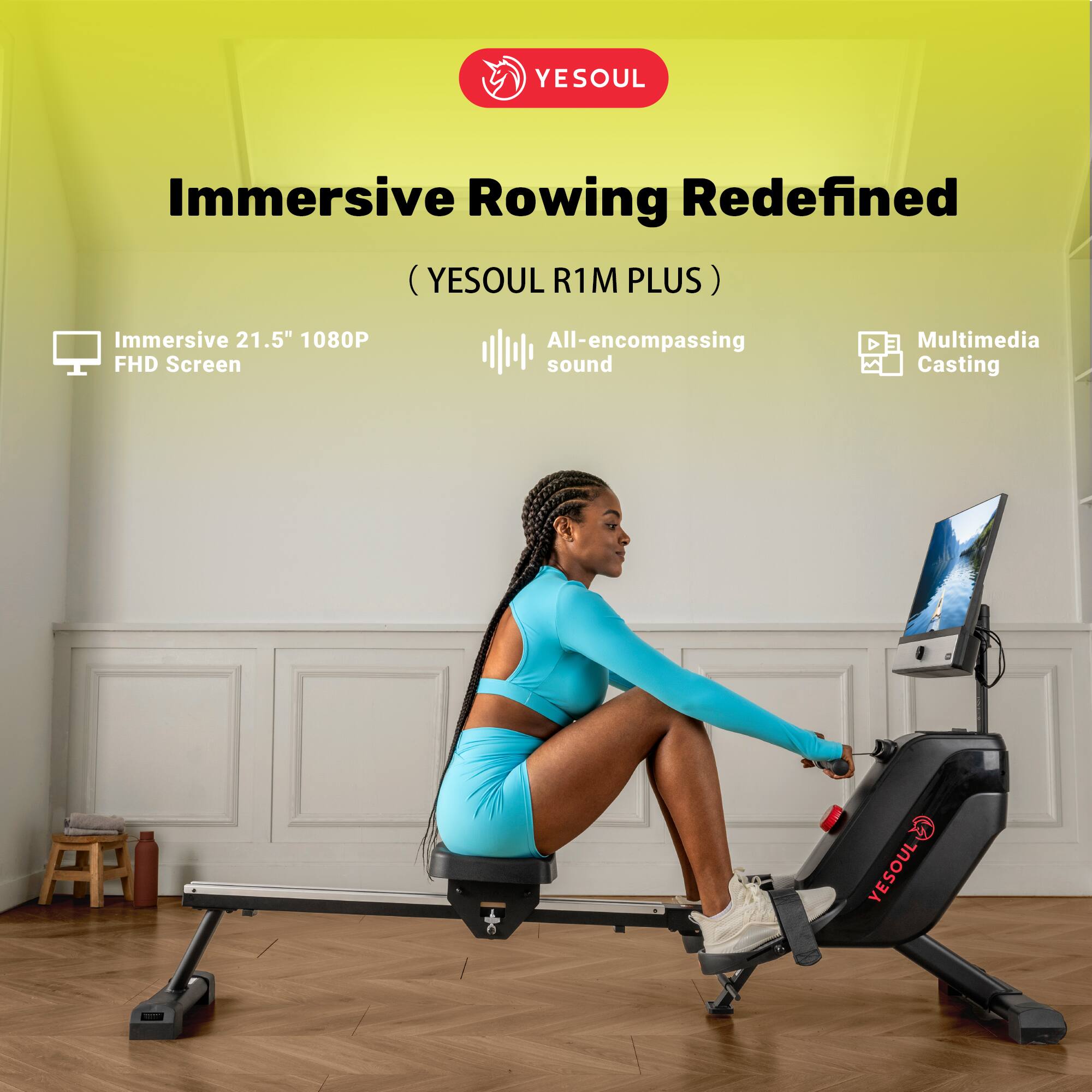 Immersive Rowing Redefined (YESOUL R1M PLUS) Immersive 21.5" 1080P FHD Screen All-encompassing sound D Multimedia Casting