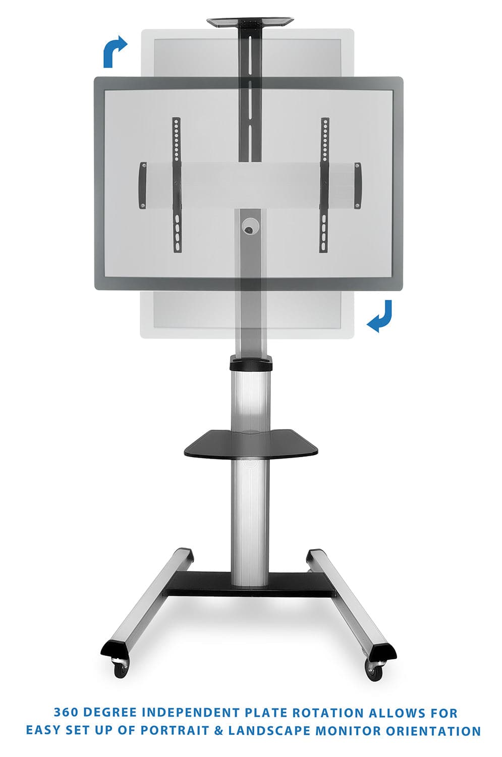 360 Degree Independent Plate Rotation Allows for Easy Set Up of Portrait & Landscape Monitor Orientation