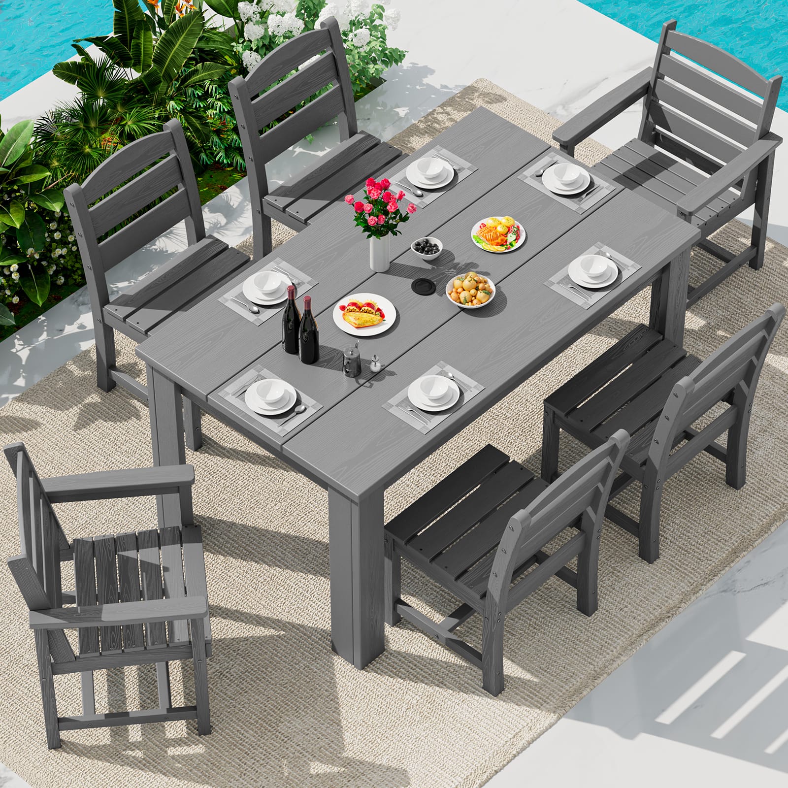 SERWALL - Outdoor Dining Set for 6, With 1 Table & 6 Dining Chairs, All Weather HDPE Dining Sets for Patio, Garden, Backyard - Gray