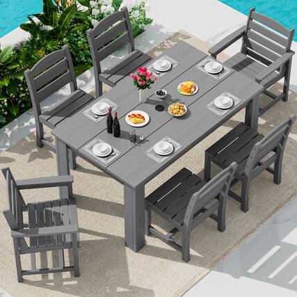 Front. SERWALL - Outdoor Dining Set for 6, With 1 Table & 6 Dining Chairs, All Weather HDPE Dining Sets for Patio, Garden, Backyard - Gray.