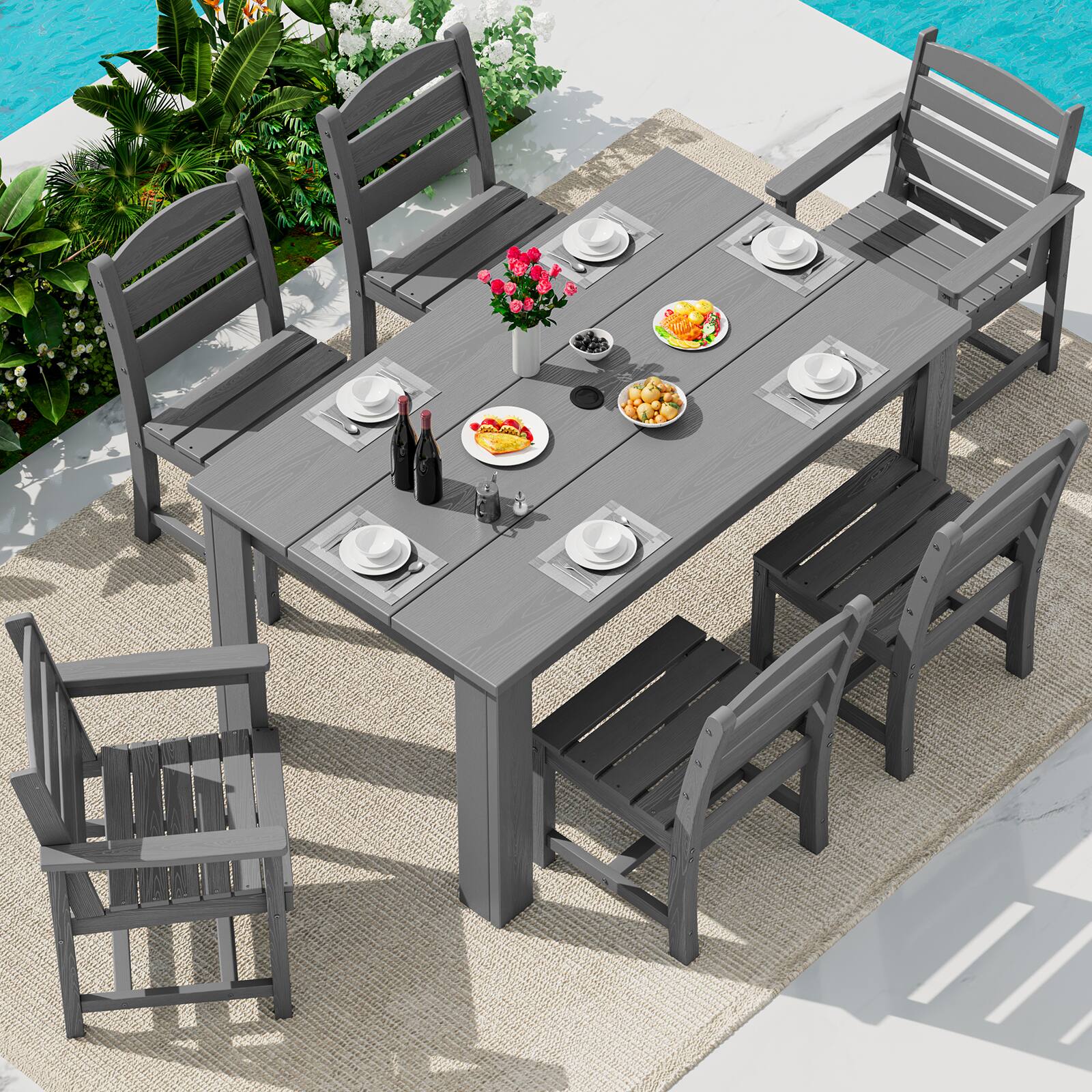 Front. SERWALL - Outdoor Dining Set for 6, With 1 Table & 6 Dining Chairs, All Weather HDPE Dining Sets for Patio, Garden, Backyard - Gray.