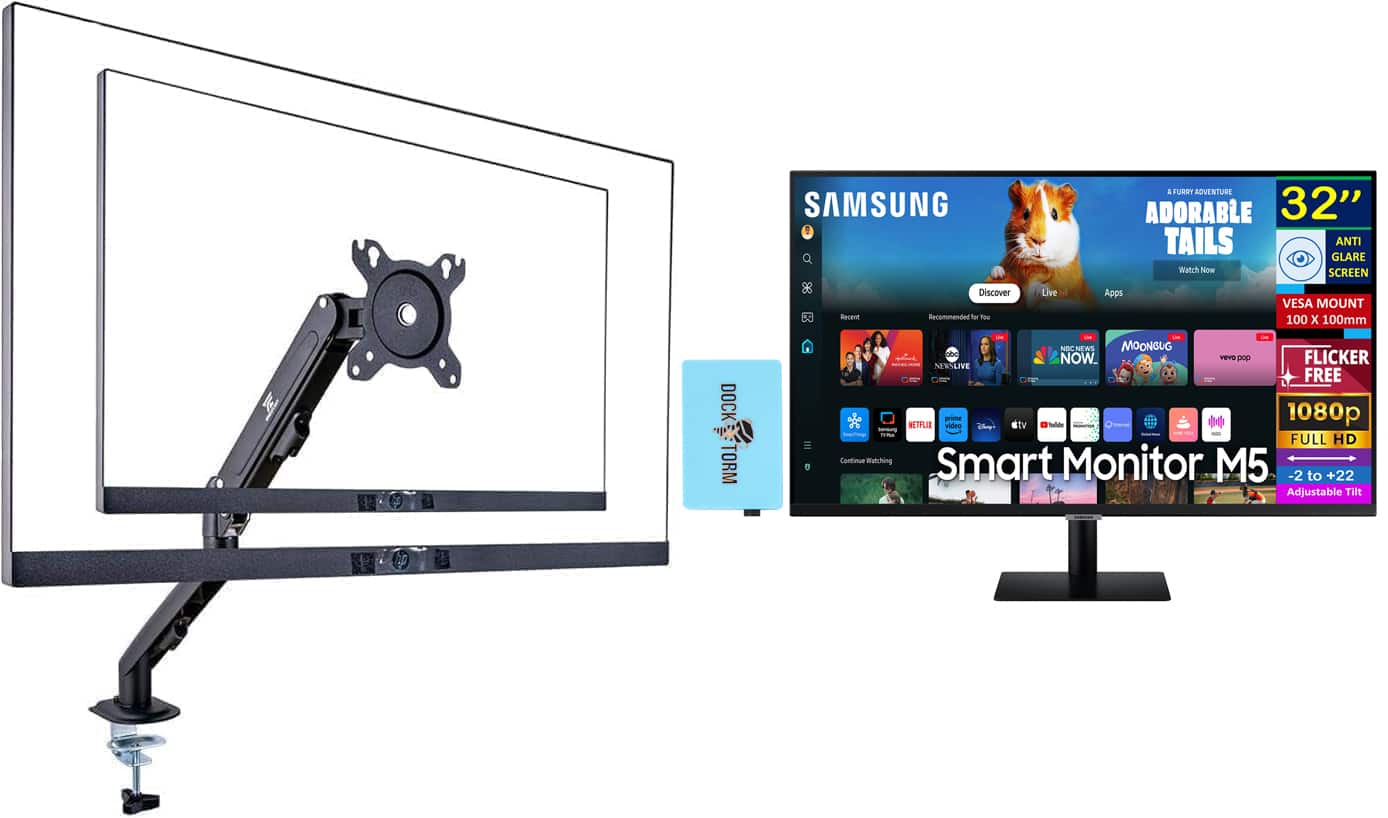 Samsung - Smart M5 (M50D) FHD VA Monitor, Flicker Free, (LS32DM500ENXGO) w/DKZ Hub & Ergoflexy Single Mount Arm - Black