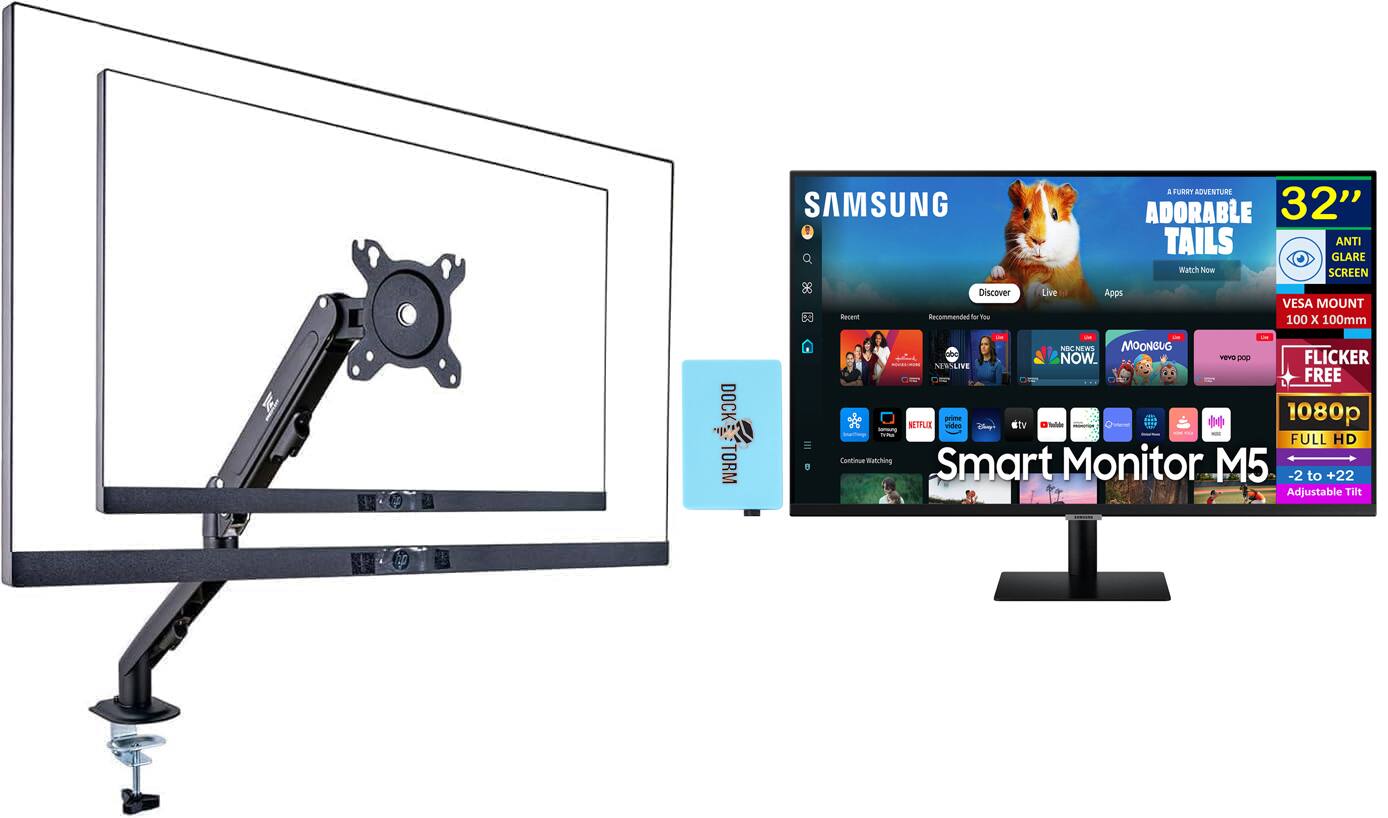 SAMSUNG Smart Monitor M5

A Furry Adventure: Adorable Tails

32" Anti Glare Screen

VESA Mount 100 x 100mm

Recommended for You

Recent

Discover

Live

Apps

NBC News Now

Moonbug

Vivo Pop

Flicker Free

1080p Video

Full HD

-2 to +22 Adjustable Tilt

Watch Now

Continue Watching

Dock-Torm

Dock-Torm