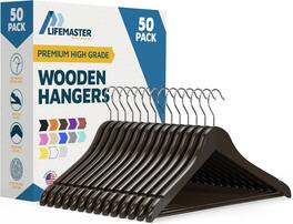 Lifemaster - Wooden Clothes Hangers – 50-Pack, 360° Swivel Hook, Non-Slip Notch, Pants Bar, Holds 10 lbs, for Suits, Coats & Dresses - Vintage