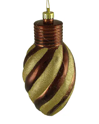 Front. CC Christmas Decor - 11" Chocolate Brown and Gold Striped Shatterproof Light Bulb Christmas Ornament (Pack of 3) - Brown.