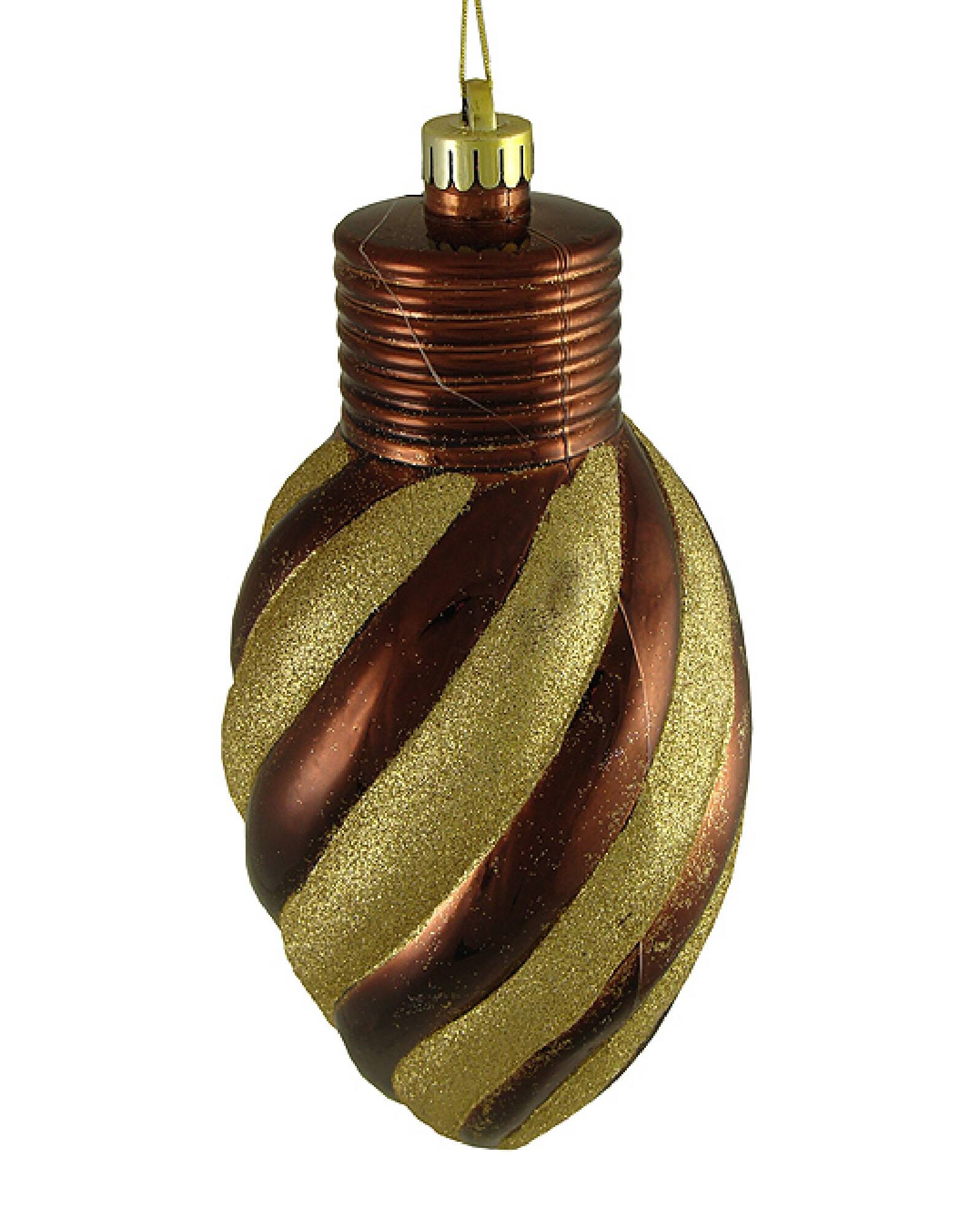 Front. CC Christmas Decor - 11" Chocolate Brown and Gold Striped Shatterproof Light Bulb Christmas Ornament (Pack of 3) - Brown.
