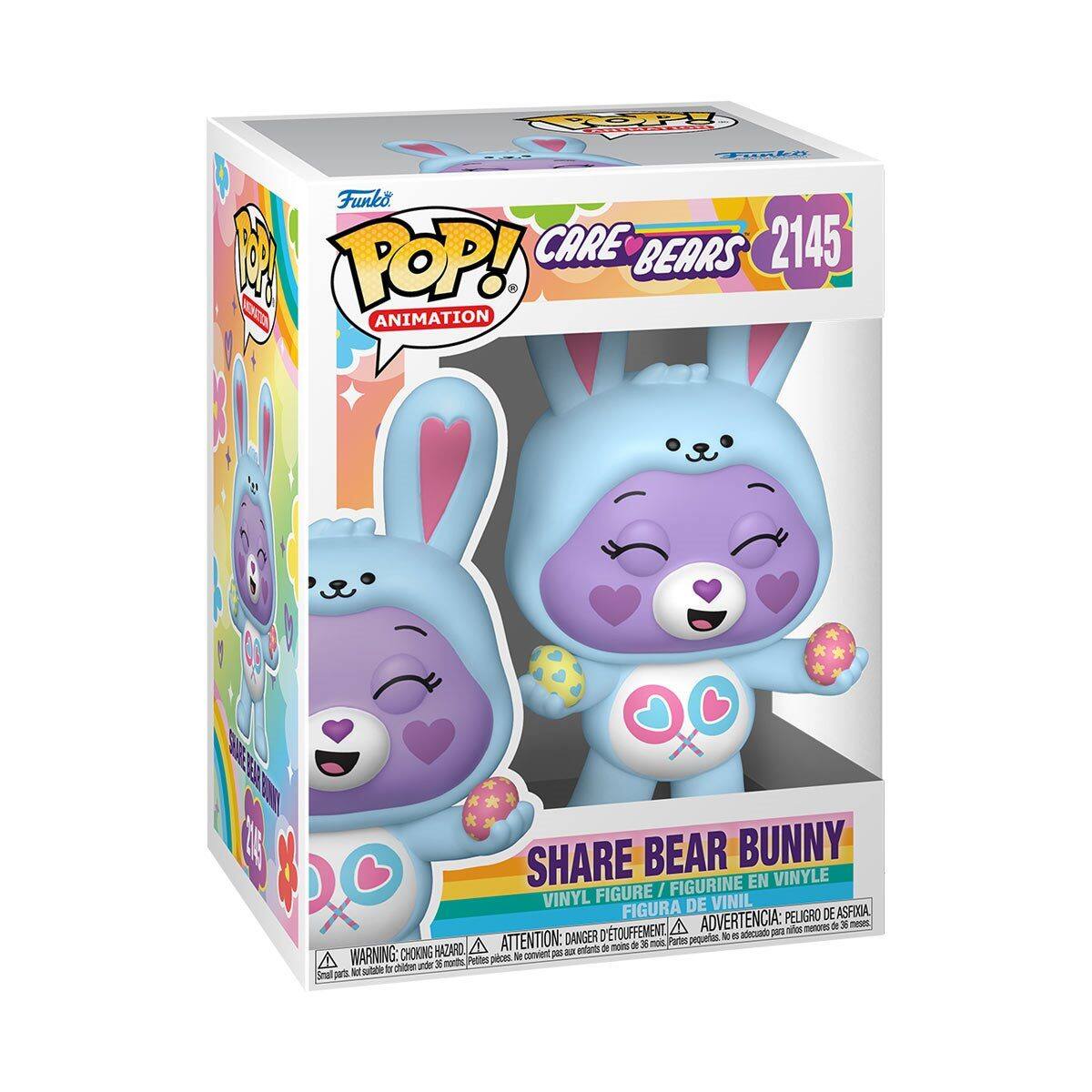 Sure, here is the corrected and grouped text from the image:

---

**Funko**

**POP! ANIMATION**

**CARE BEARS**

**2145**

**SHARE BEAR BUNNY**

**VINYL FIGURE / FIGURINE EN VINYLE / FIGURA DE VINIL**

**WARNING: CHOKING HAZARD - Small parts. Not for children under 3 years.**

**ADVERTENCIA: PEQUEÑOS PIEZAS. NO APTO PARA MENORES DE 3 AÑOS.**

**ATTENTION: PELIGRO DE ASFIXIA. NE PAS LAISSER JEUER AUX ENFANTS DE MOINS DE 3 ANS.**

**DANGER: PEU D'ASPIRATION. NE PAS LAISSER JOUER AUX ENFANTS DE MOINS DE 3 ANS.**

**ADVERTENCIA: PEQUEÑAS PIEZAS. NO APTO PARA MENORES DE 3 AÑOS.**

**ATTENTION: PELIGRO DE ASFIXIA. NE PAS LAISSER JOUER AUX ENFANTS DE MOINS DE 3 ANS.**

**DANGER: PEU