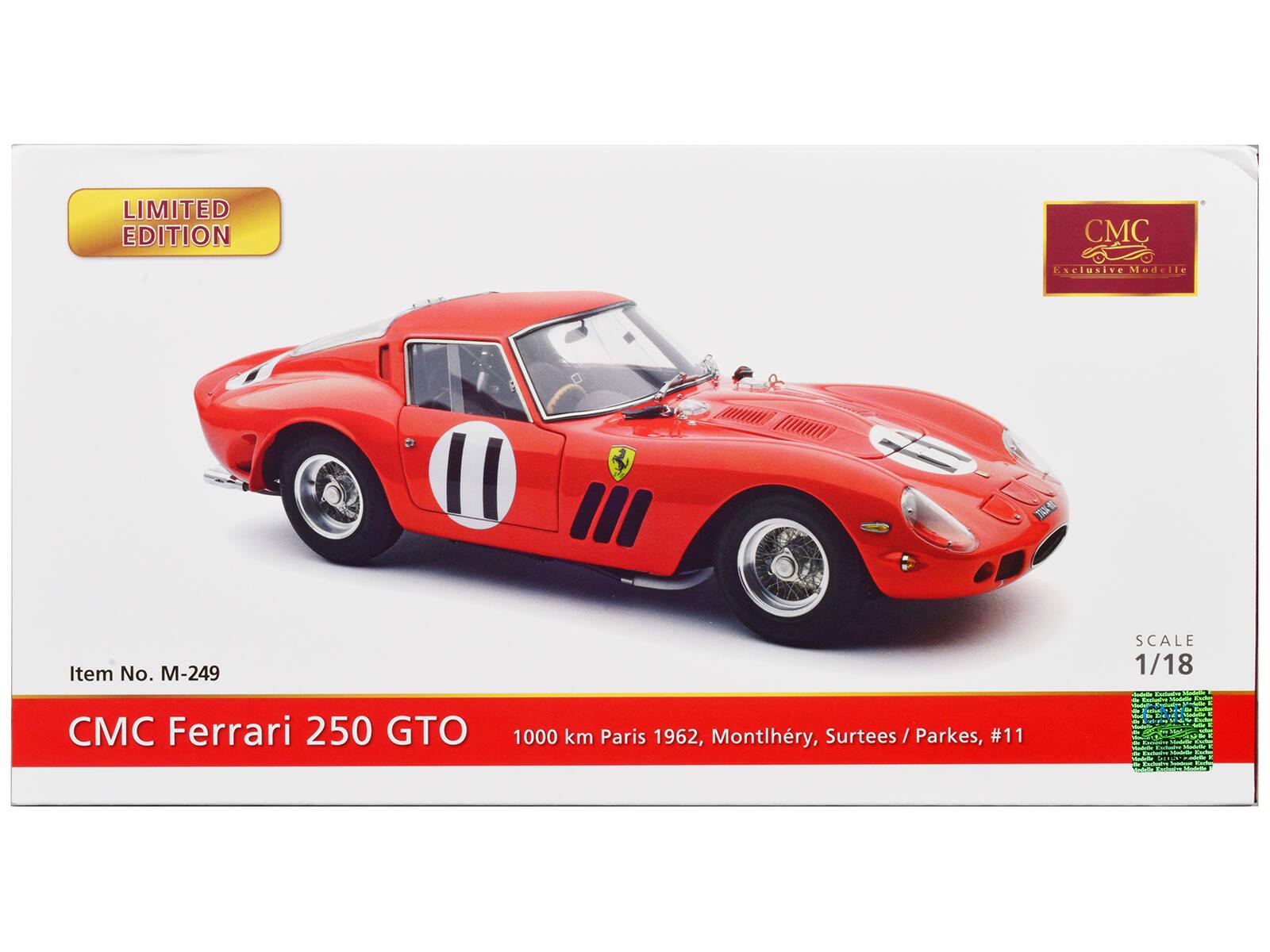 LIMITED EDITION

CMC cu Modelle M III

Item No. M-249

CMC Ferrari 250 GTO

1000 km Paris 1962, Montlhéry, Surtees / Parkes #11

SCALE 1/18