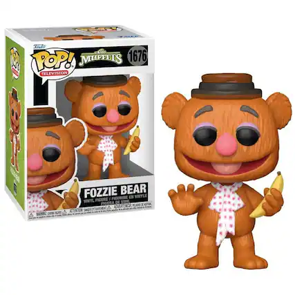 Sure, here is the corrected and grouped text from the image:
---
**Funko POP!**
**Muppets**
**1676**
**TELEVISION**
**FOZZIE BEAR**
**VINYL FIGURE / FIGURINE EN VINYLE / FIGURA DE VINIL**
**WARNING: CHOKING HAZARD - Small parts. Not for children under 3 years.**
**ATTENTION: DANGER - ÉTUFLEMENT - ADVERTENCIA: PELIGRO DE ASFIXIA**
---
This text is taken from the packaging and the figure itself.