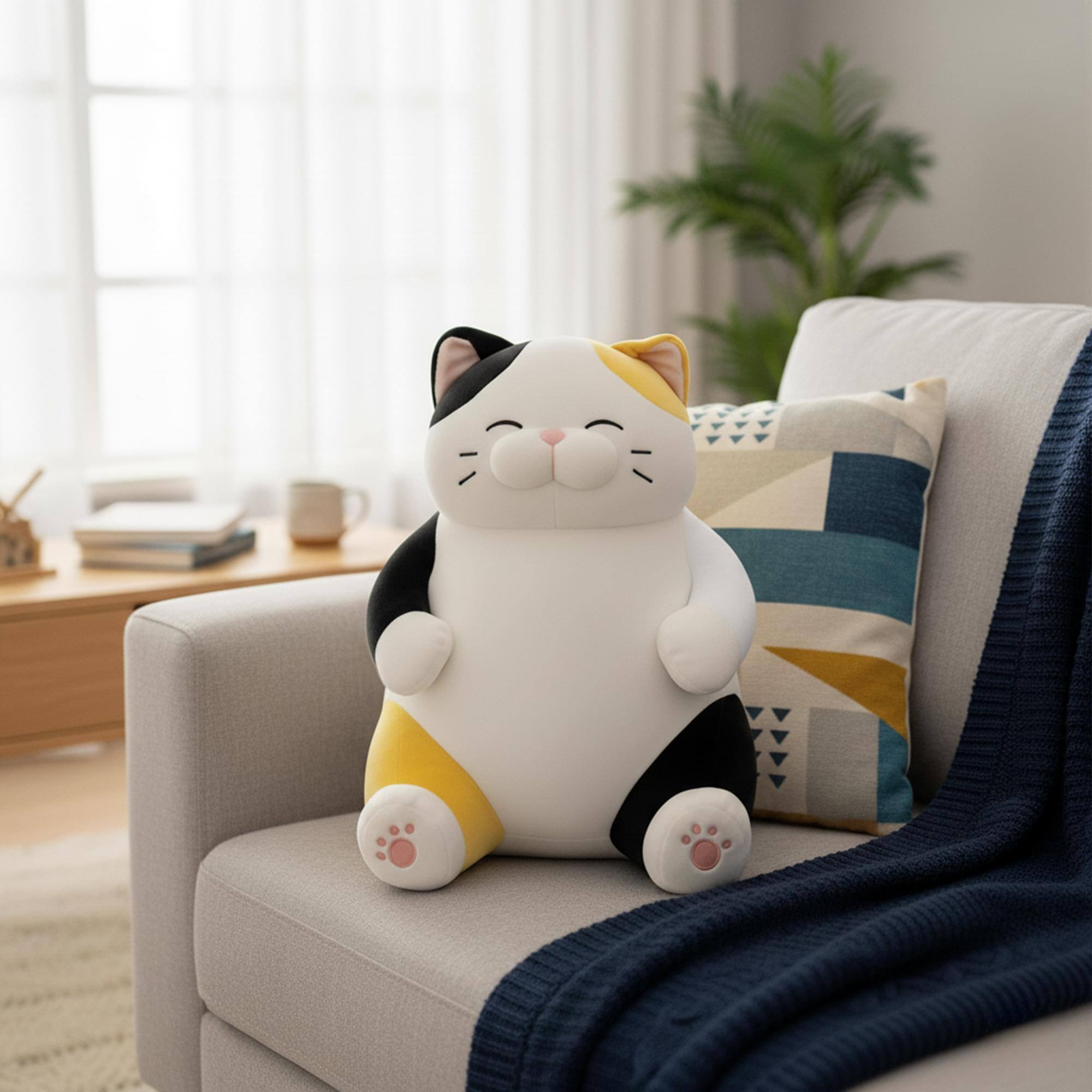 Alt View 2. New Era Distribution - Chubby Meow 12 Inch Plush Pillow | White/Orange/Black - Multi-Colored.