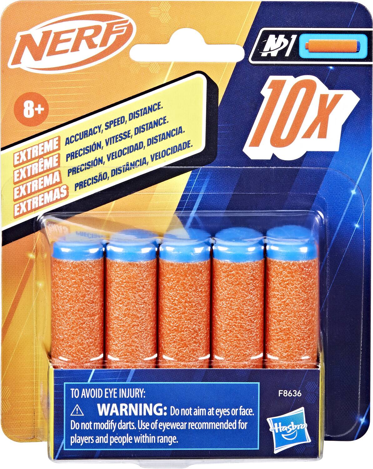 NERF 8+ EXTREME PRECISION, SPEED, DISTANCE. EXTREME PRECISION, VITESSE, DISTANCE. EXTREME PRECISION, VELOCIDAD, DISTANCIA. EXTREME PRECISION, PRECISÃO, DISTÂNCIA, VELOCIDADE. EXTREME PRECISION, PRECISO, DISTANCIA, EXTREMA EXTREMAS I 10x TO AVOID EYE INJURY: F8636 ! WARNING: Do not aim at eyes or face. Do not modify darts. Use of eyewear recommended for Hasbro players and people within range.