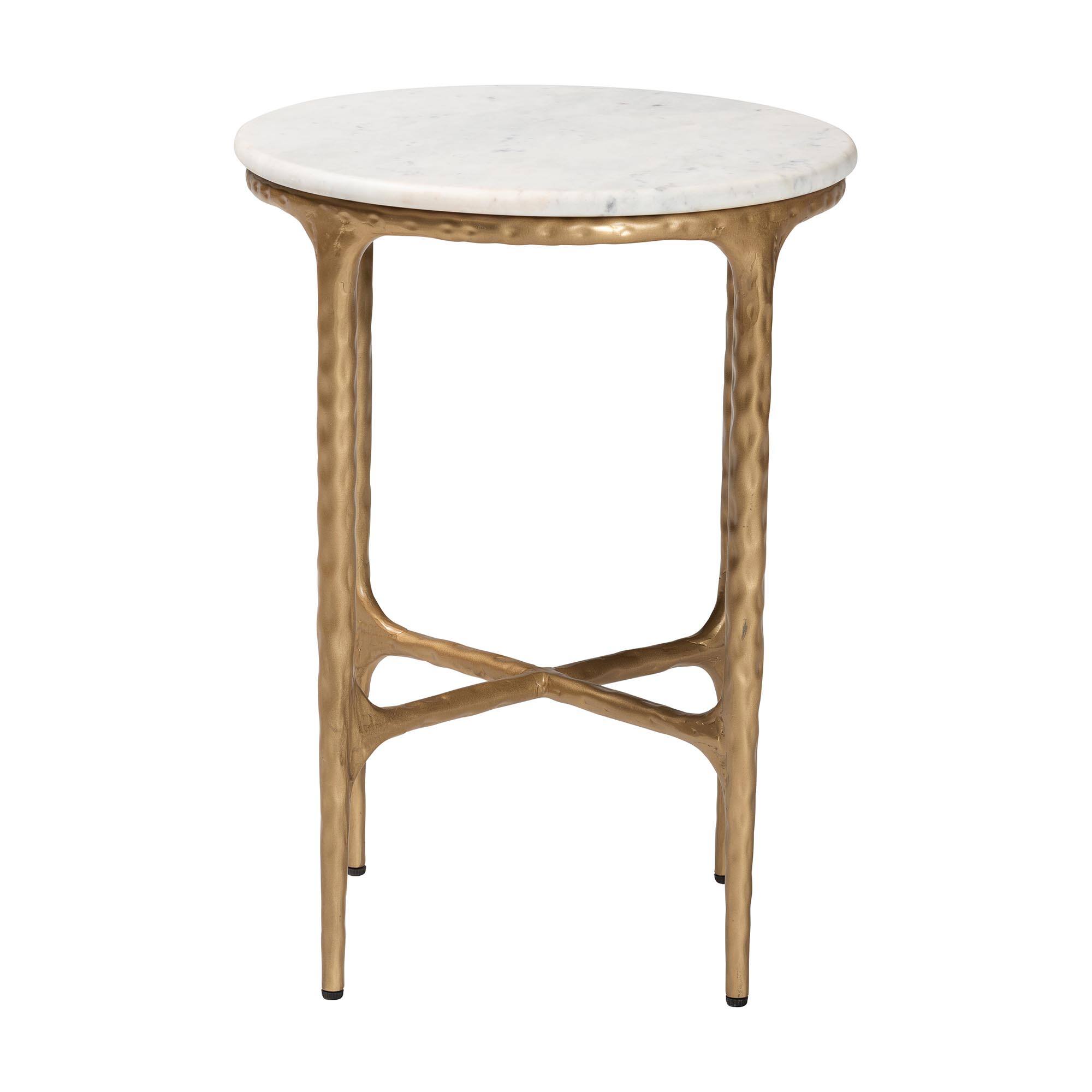 Angle. Baxton Studio - Akanji Marble End Table - Modern Rustic Accent Table with Hand-Forged Metal Frame, Round - Marble White/Gold.