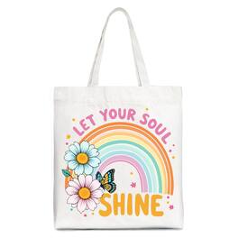 OrnamentallyYou - Let Your Soul Shine Rainbow Tote Bag, Retro Pastel Floral Feel Good Gift Shopper - White