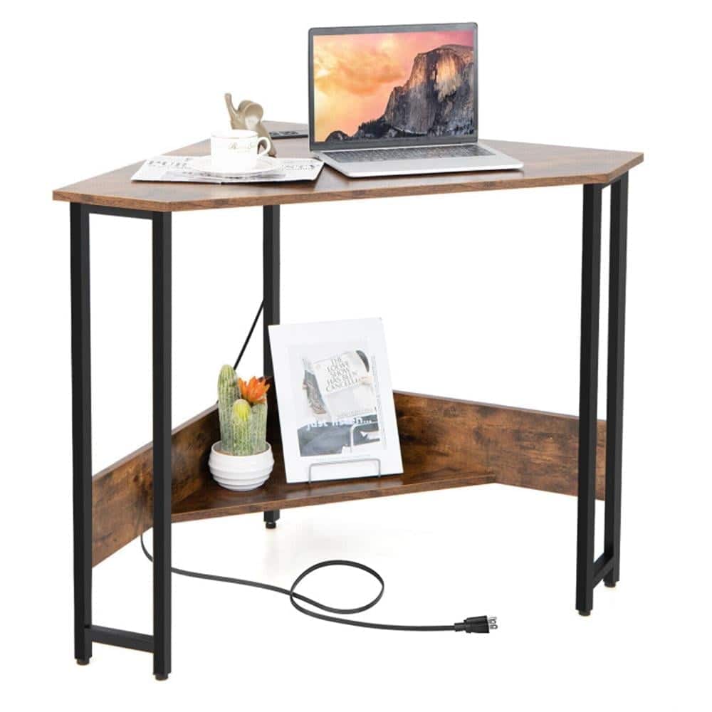 Pefilos - Triangle Computer Corner Desk with Charging Station, Small Home Office Desk Study Writing Table - Brown