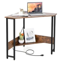 Pefilos - Triangle Computer Corner Desk with Charging Station, Small Home Office Desk Study Writing Table - Brown