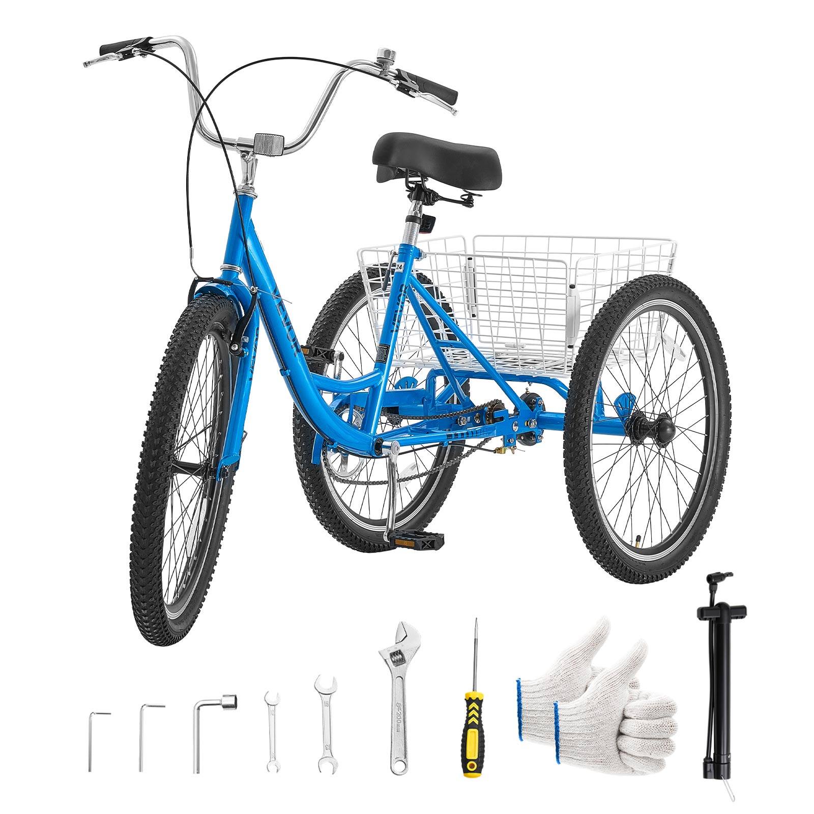 Alt View 5. VEVOR - Adult Tricycle 24 inch Trike for Adult 3 Wheel Cruiser Bike, with Cargo Basket, Adjustable Seat, and Double-Wall Wheel - Blue.