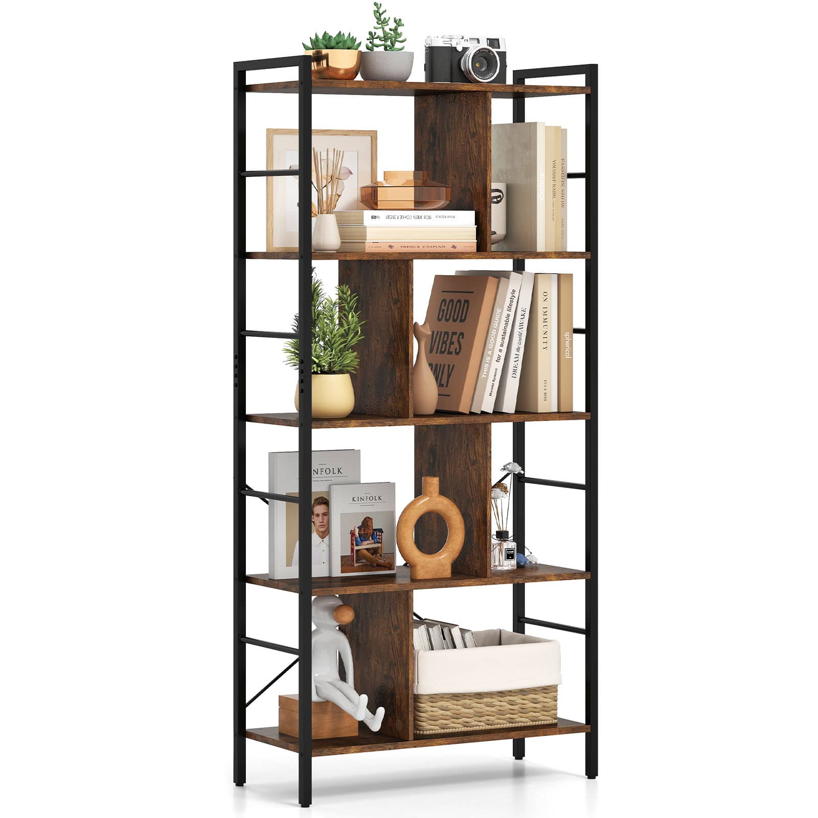 Gymax - 61'' 5-Tier Bookshelf w/Metal Frame 2 Anti-Tipping Devices for Living Room Office - Brown price history on PriceWatchPro