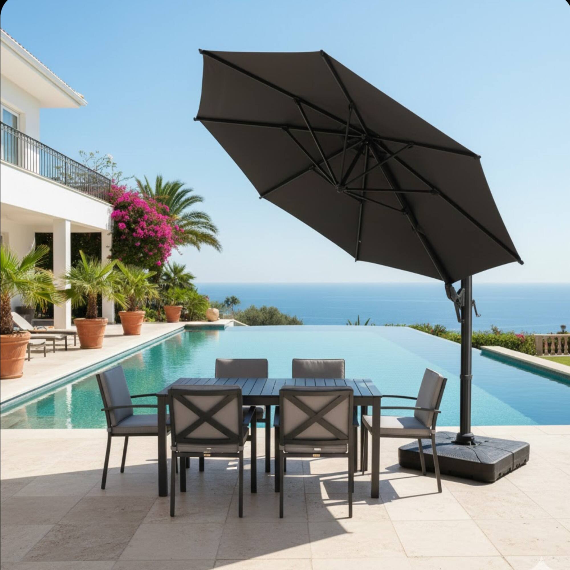 Left. Mondawe - 10 Ft Square Cantilever Patio Umbrella with 360° Rotation & Tit Adjustment - Grey.