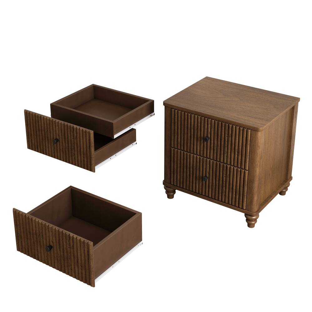 Alt View 1. JUJABU - Mid Century Wood Fluted Nightstand with 3 Drawers and Metal Handle for Bedroom, Walnut - Walnut .