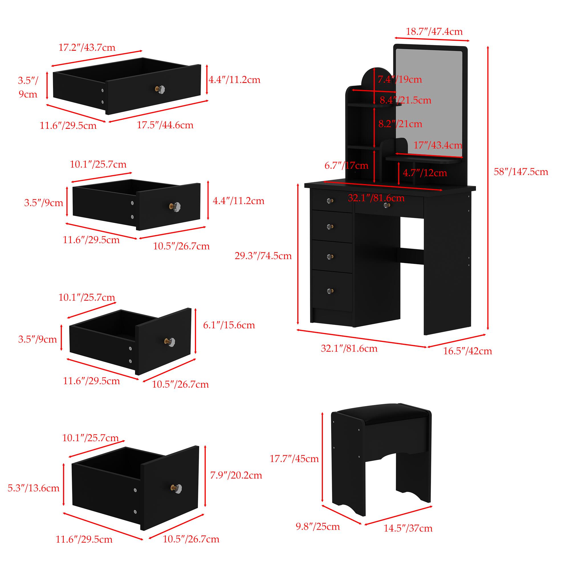 Here is the corrected and grouped text based on the image:

- 17.2"/43.7cm
- 18.7"/47.4cm
- 3.5"/9cm
- 4.4"/11.2cm
- 7.4"/19cm
- 8.4"/21.5cm
- 8.2"/21cm
- 11.6"/29.5cm
- 17.5"/44.6cm
- 17.7"/45cm
- 10.1"/25.7cm
- 6.7"/17cm
- 4.7"/12cm
- 58"/147.5cm
- 32.1"/81.6cm
- 10.5"/26.7cm
- 29.3"/74.5cm
- 6.1"/15.6cm
- 16.5"/42cm
- 5.3"/13.6cm
- 7.9"/20.2cm
- 9.8"/25cm
- 14.5"/37cm