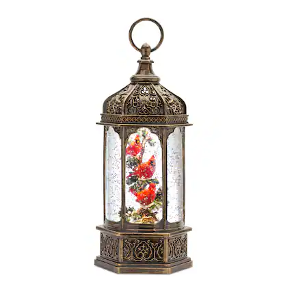 Front. BreeBe - LED Snow Globe Lantern with Cardinal Bird Branch 13"H - Bronze, Red, Green.