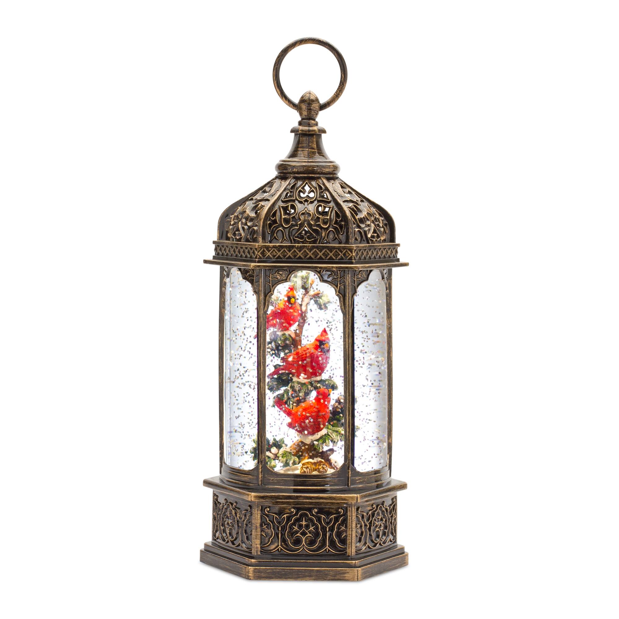BreeBe - LED Snow Globe Lantern with Cardinal Bird Branch 13"H - Bronze, Red, Green
