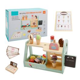 Topteng - Wooden Ice Cream Play Set for Kids - Pretend Play Counter with Scoop, Stackable Cones & Menu Card, Toy for Kid